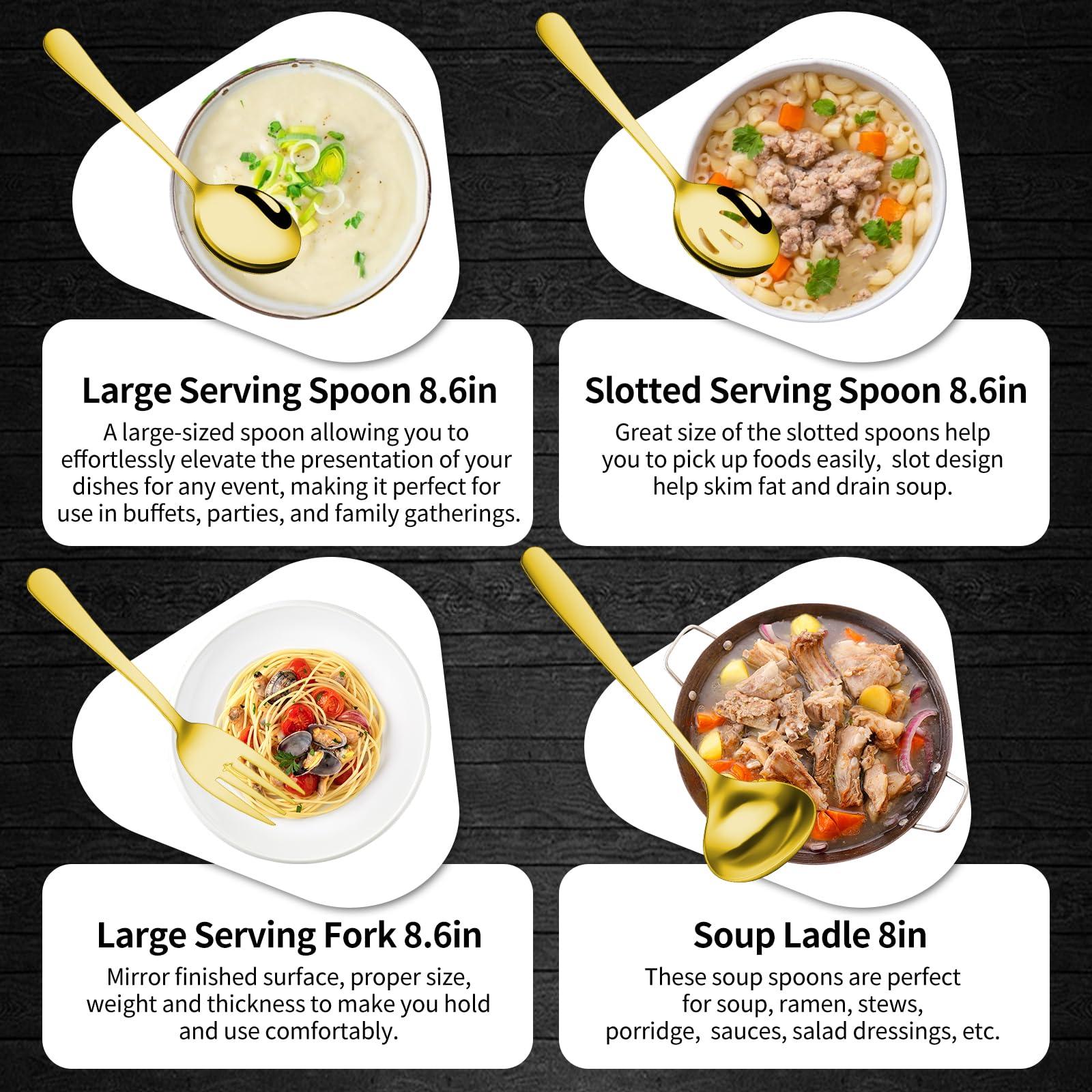 Gisly Gold 12 Pieces Serving Utensils Include Large Serving Spoons,Slotted Serving Spoons,Serving Forks,Serving Tongs,Appetizers Tongs,Soup Ladle and Pie Cake Server for Buffet Catering - Image 7