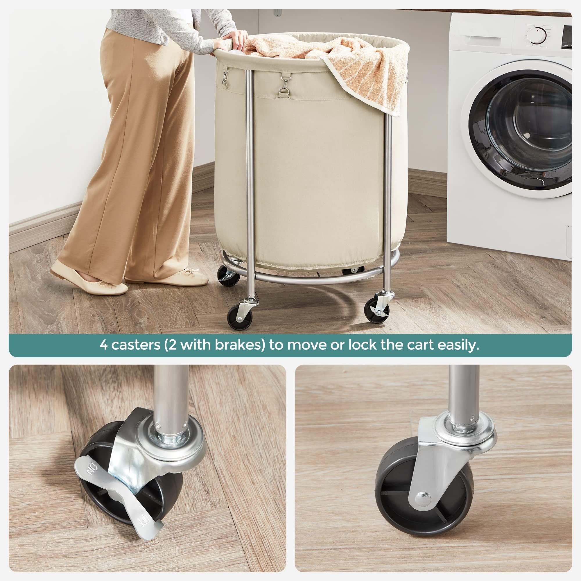 SONGMICS Laundry Basket with Wheels, Rolling Laundry Hamper, 45 Gal., Round Laundry Cart with Steel Frame and Removable Bag, 4 Casters and 2 Brakes, Cream and Silver URLS01MZ - Image 5