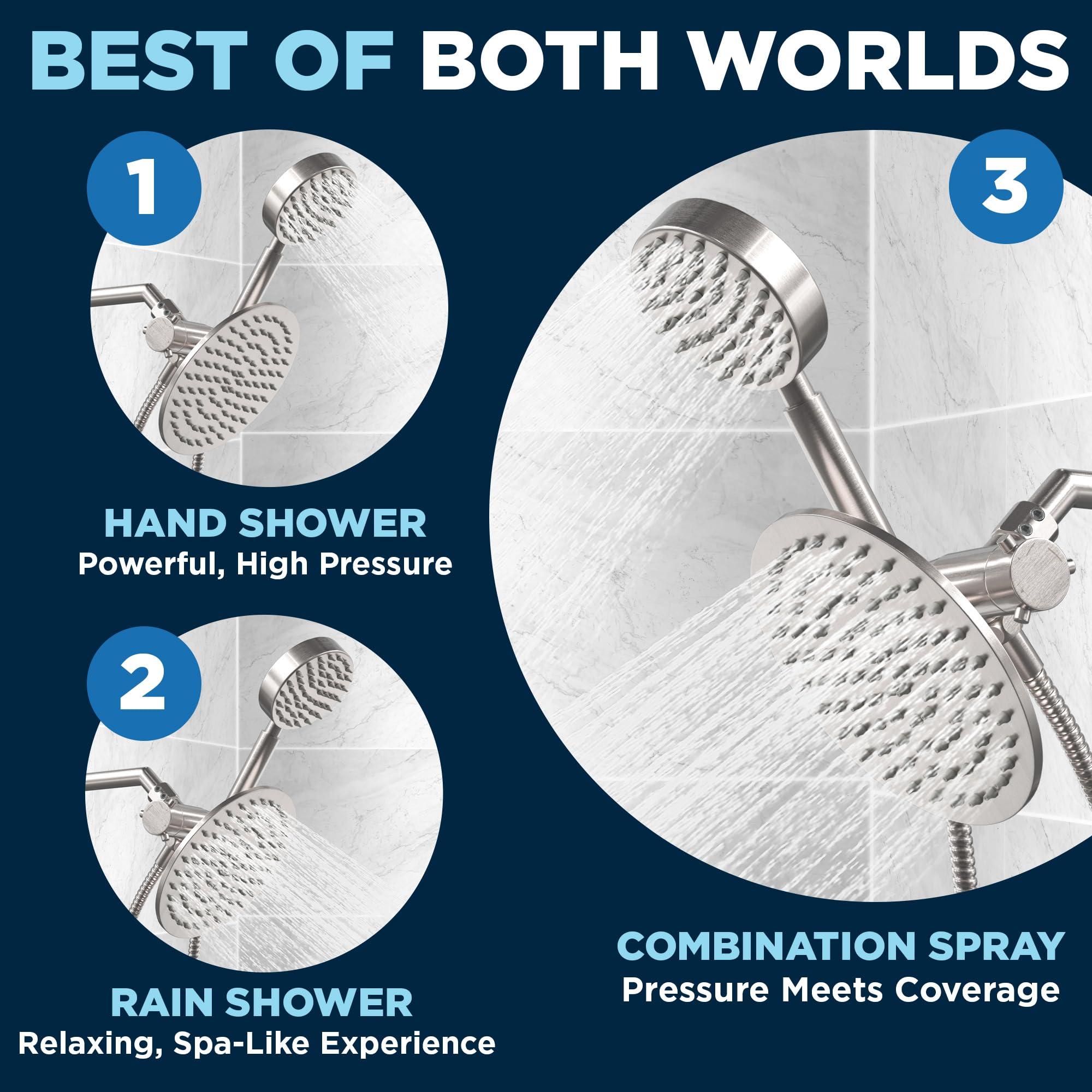 HammerHead Showers® ALL METAL Dual Shower Head Combo – BRUSHED NICKEL – 8 Inch Rainfall High Flow Shower Head & Handheld Shower Head High Pressure with Hose 6ft - Hotel-Like Double Shower Heads - Image 4