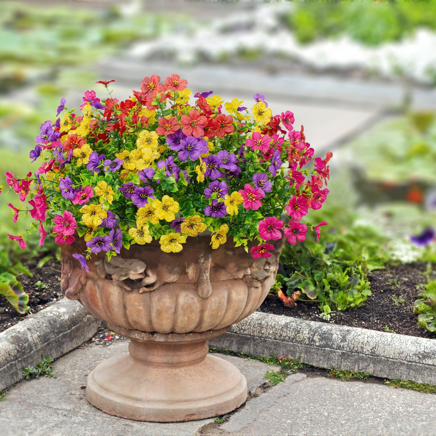 16 Bundles Artificial Flowers Outdoor Spring Summer Decoration Fake Silk Colorful Daisy Eucalyptus Realistic UV Outside Faux Plants for Garden Porch Window Box Home Decor(Red Yellow Pink Purple) - Image 4
