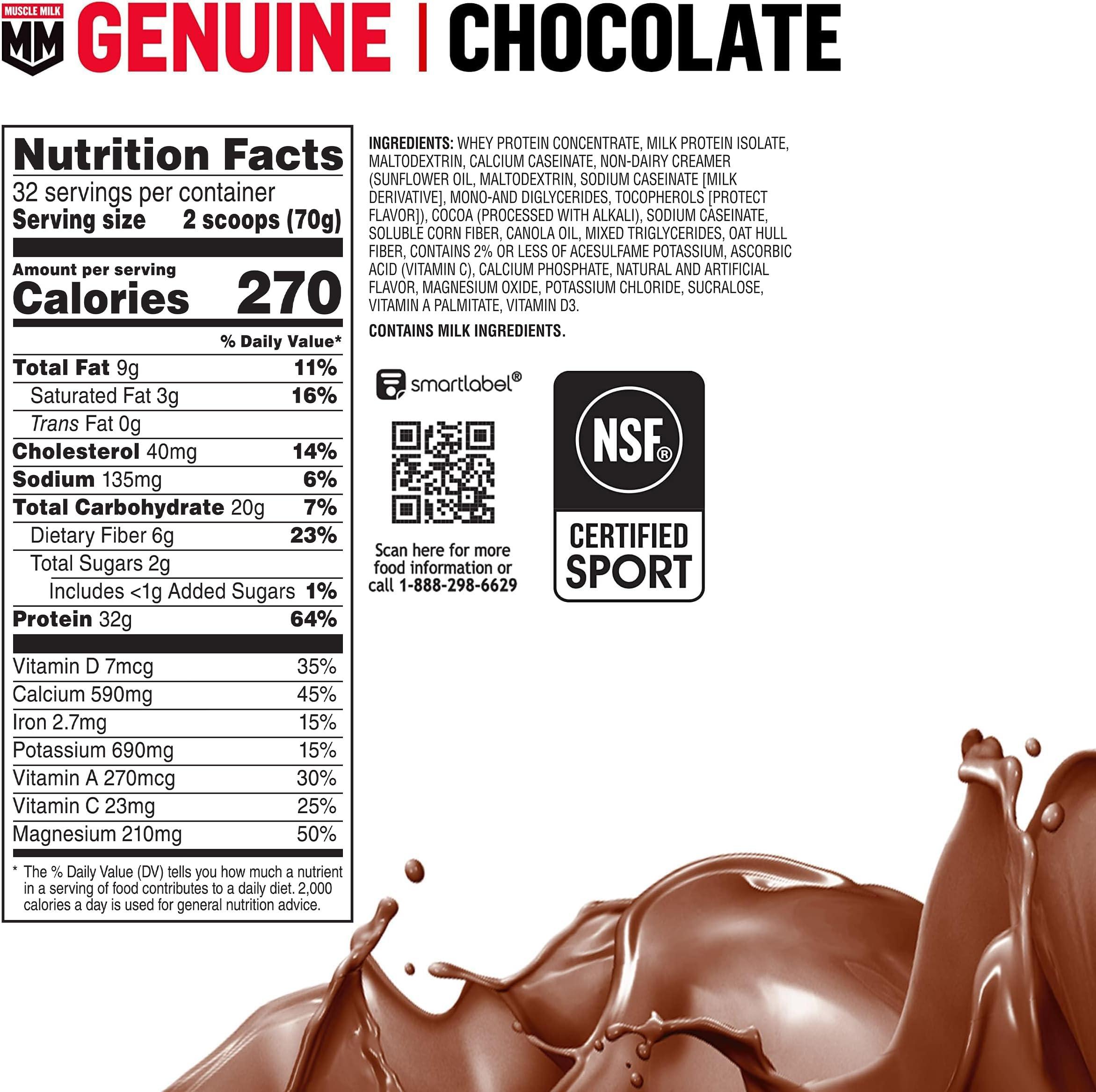 Muscle Milk Genuine Protein Powder, Chocolate, 4.94 Pound, 32 Servings, 32g Protein, 2g Sugar, Calcium, Vitamins A, C & D, NSF Certified for Sport, Energizing Snack, Packaging May Vary - Image 2
