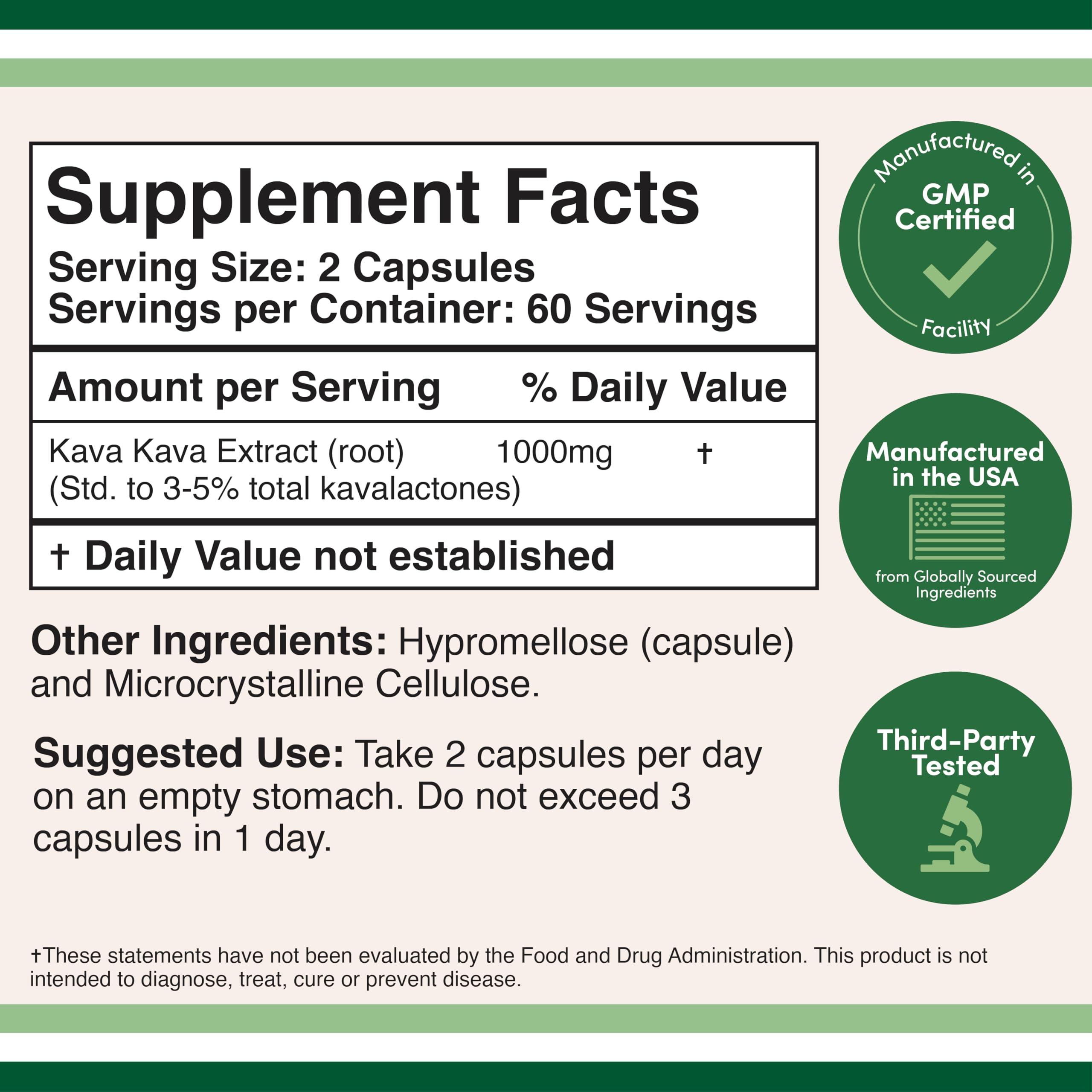 Kava Kava Capsules 1,000mg per Serving, 120 Count (High Purity Potent 3-5% Kavalactones Root Extract) Kava Powder Root Extract for Relaxation (Non-GMO, Vegan Safe) by Double Wood - Image 2