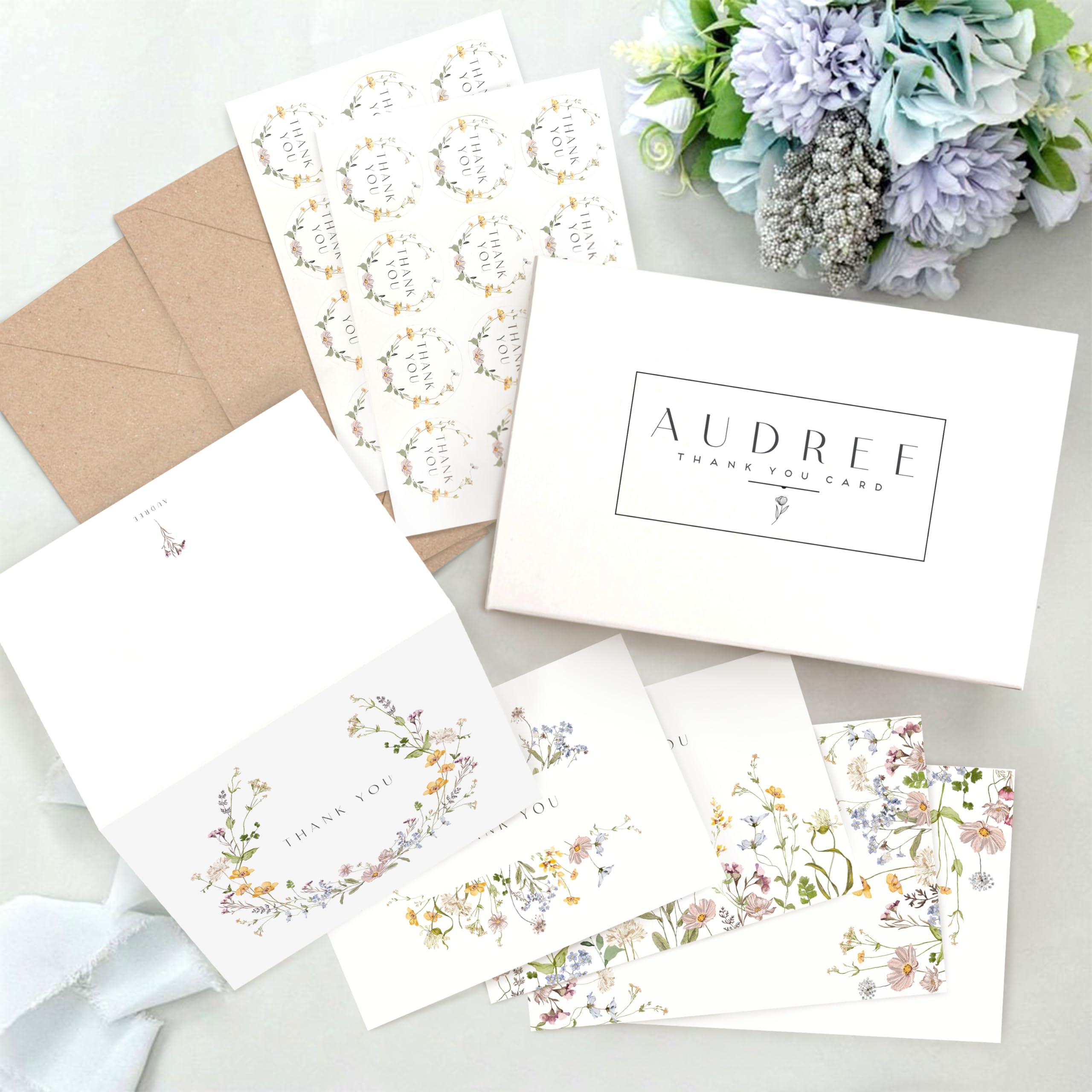 AUDREE Floral Thank You Cards with Envelopes (bulk 100-4x6) - Wildflower Thank You Cards with Envelope and Stickers - Greeting Notes with Envelopes Set for Wedding, Bridal Showers, Baby Showers - Image 5