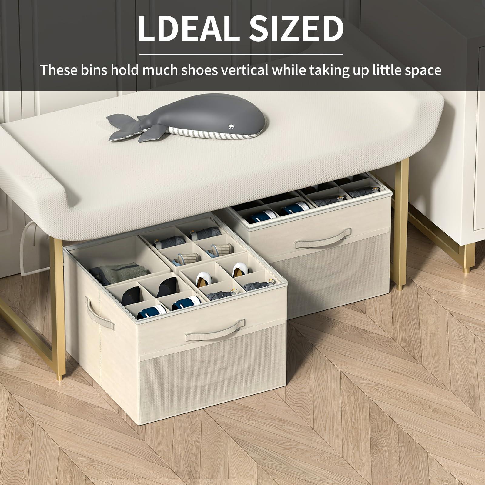 Aokeyee Shoe Organizer for Closet, 2 Pack Foldable Shoe Storage Organizer Box Bin with Adjustable Dividers and Clear Cover, Fits up to 16-32 Pairs (Beige) - Image 5