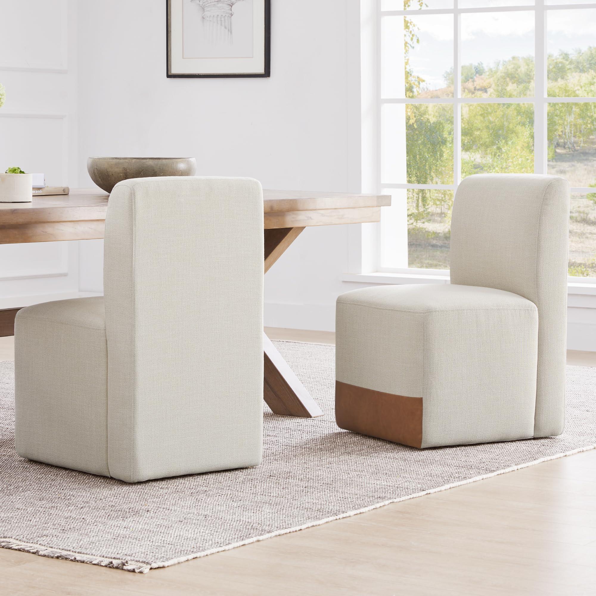 CHITA Dining Chairs with Casters Set of 2, FSC Certified Upholstered Armless Modern Rolling Dining Chairs with Rollers for Bedroom Reading Room Living Room, Linen & Cognac Faux Leather Patchwork