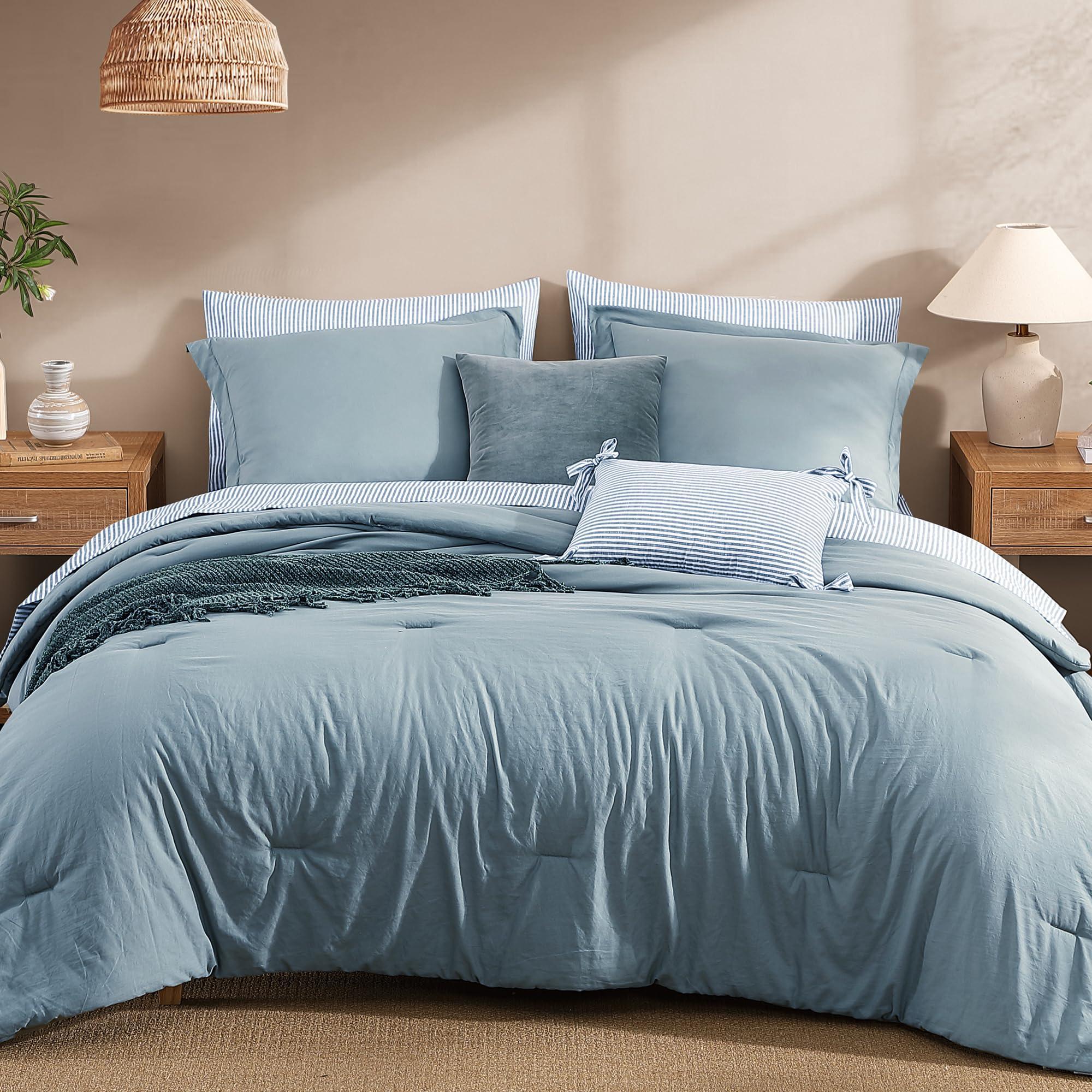 Monbix Queen Comforter Set - 7 Pieces Dusty Blue Prewashed Bed in a Bag Queen Bedding Sets with Comforters, All Seasons Down Alternative Comforter Bed Set with Sheets,Pillowcases & Shams