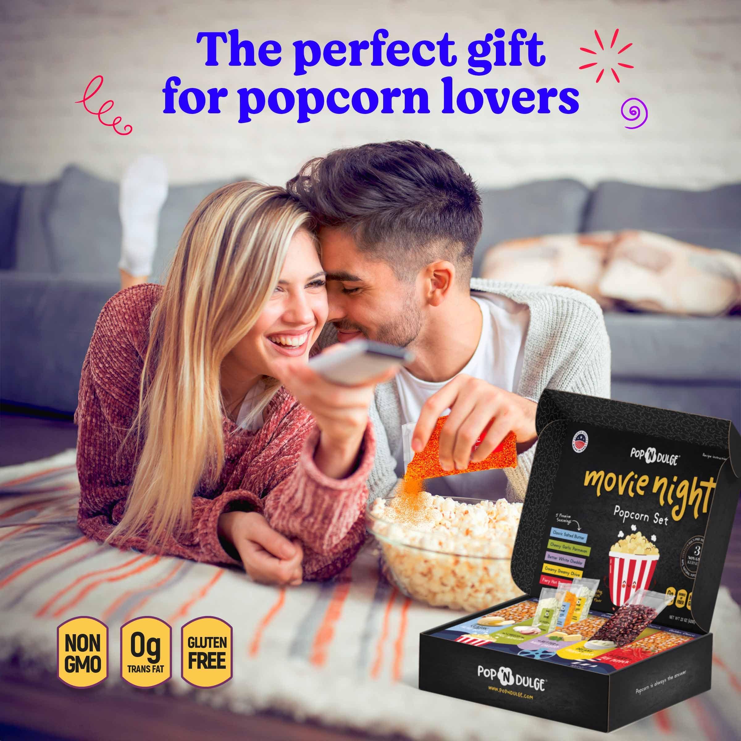 Pop n' Dulge Popcorn Movie Night Supplies 16 pcs Gift Set, 5 Gourmet Popcorn Kernels, 5 Seasoning Variety Packs Non-GMO Kosher Snacks, Great Housewarming Family Date Night Gifts Basket Ideas For Him Her - Image 3