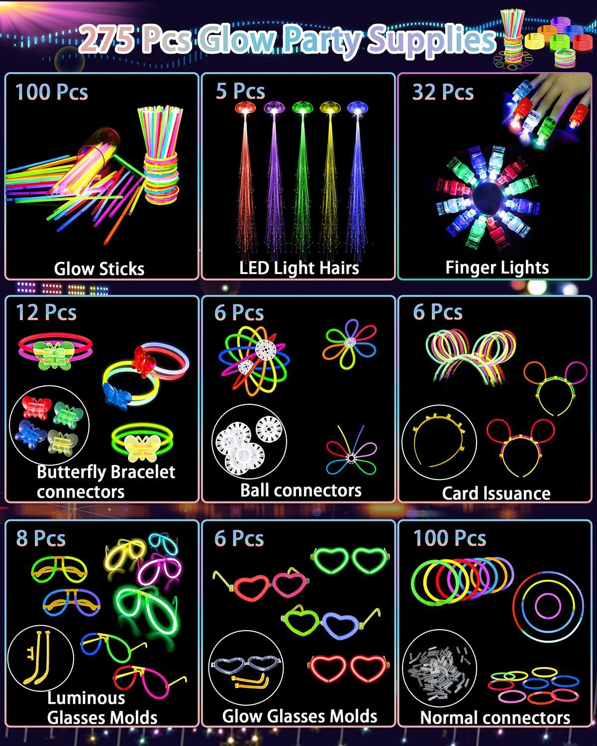 275 PCS Glow in the Dark Party Supplies for Kids Adults, Light Up Party Favors, Glow Sticks Bulk Party Pack Bracelets Finger Lights Glasses Headband LED Light Hair Wedding Birthday New Year Halloween - Image 2
