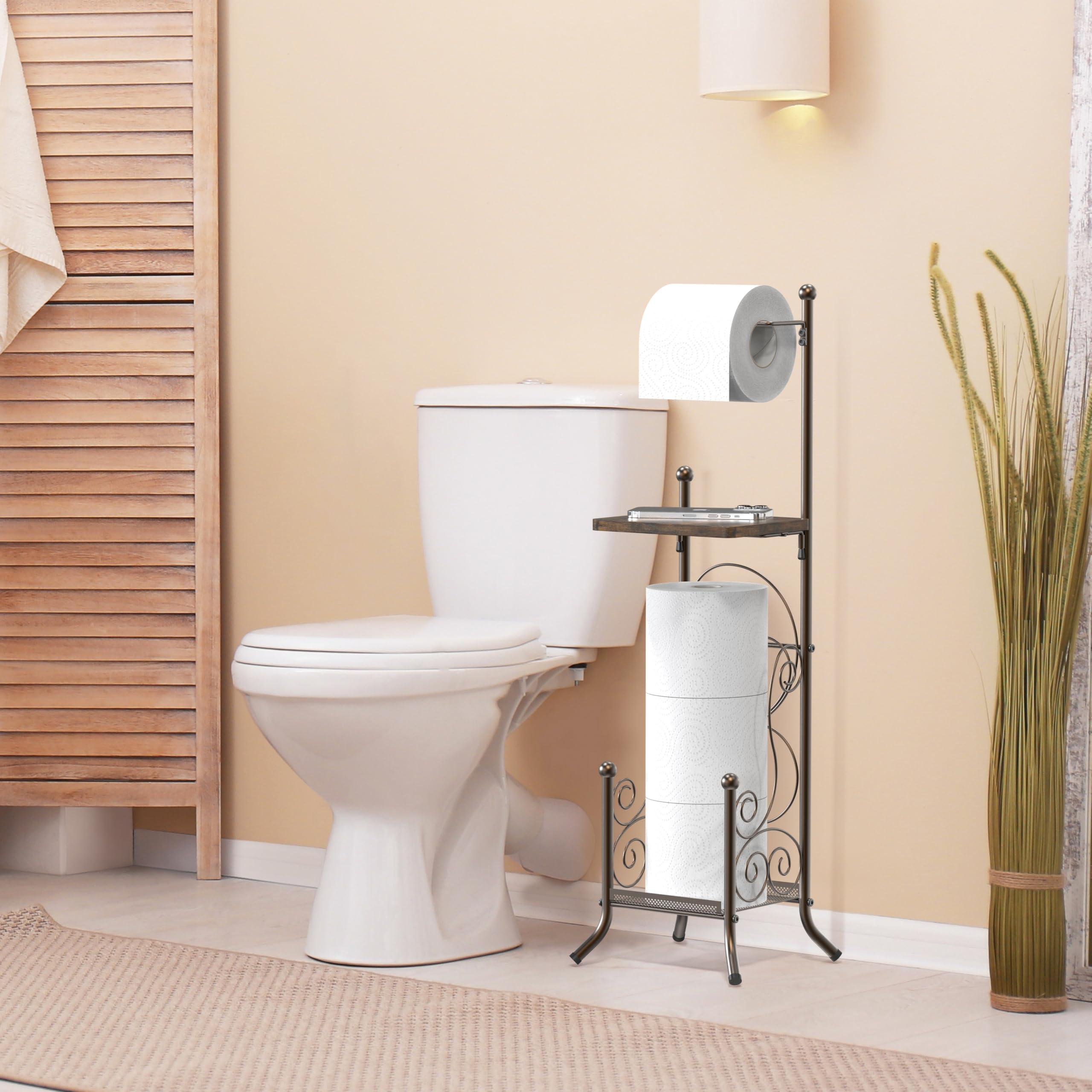 Simple Houseware English Style Bathroom Toilet Tissue Roll Holder Stand with Shelf, Bronze - Image 4