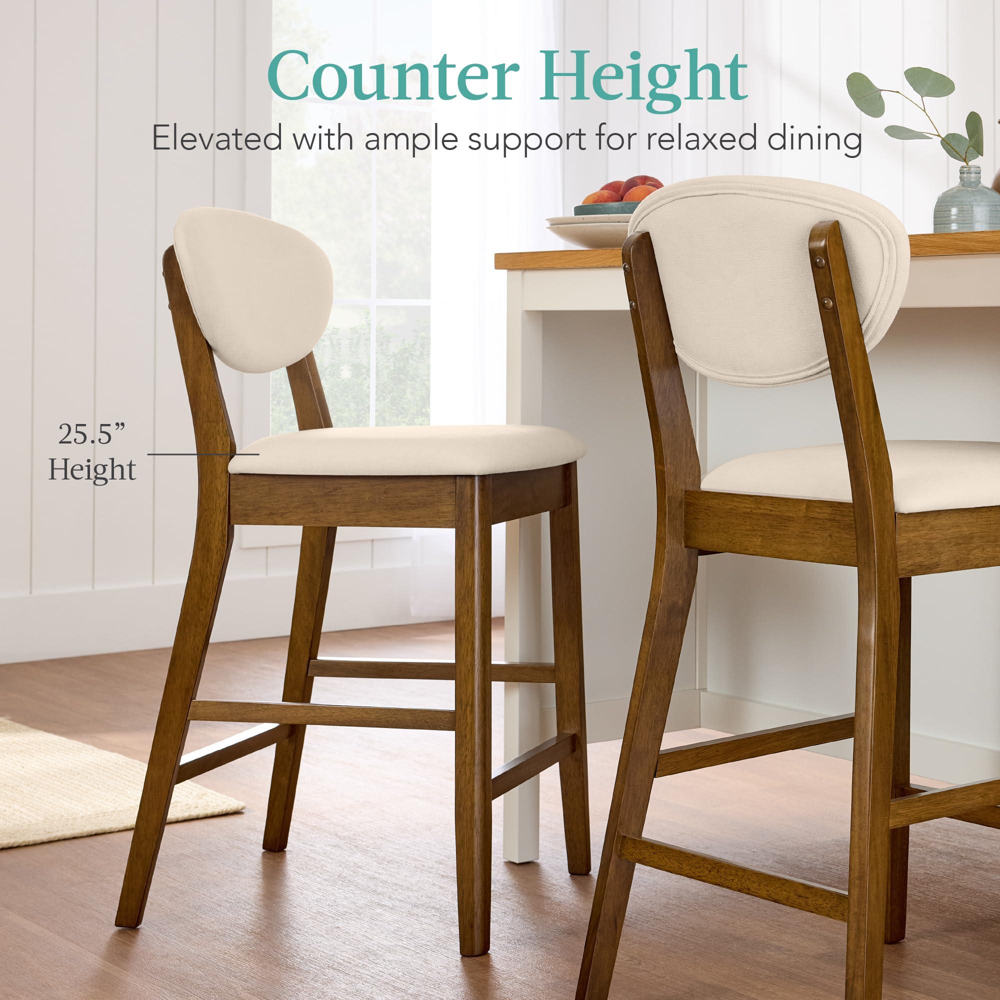 Best Choice Products Bar Stool Set of 2, Mid-Century Modern Upholstered Wood, Armless Counter Height w/Seat Cushion, Backrest - Walnut/Cream - Image 5