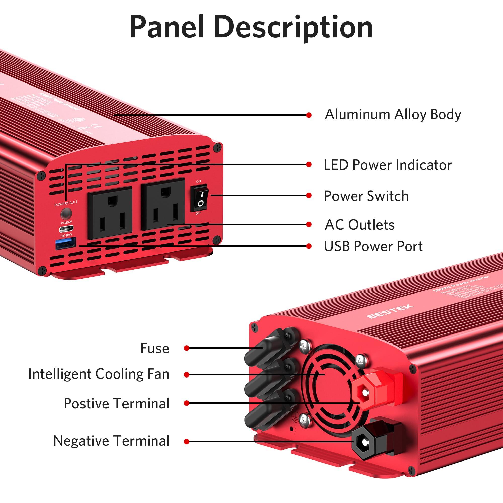 BESTEK 1000W Car Power Inverter, DC 12V to 110V Car Power Converter with 2 AC Outlets/30W PD USB-C/18W Quick USB A Charge Multi-Protection 1000 watt Power Inverter for Vehicles/Car/RV/Home - Image 7