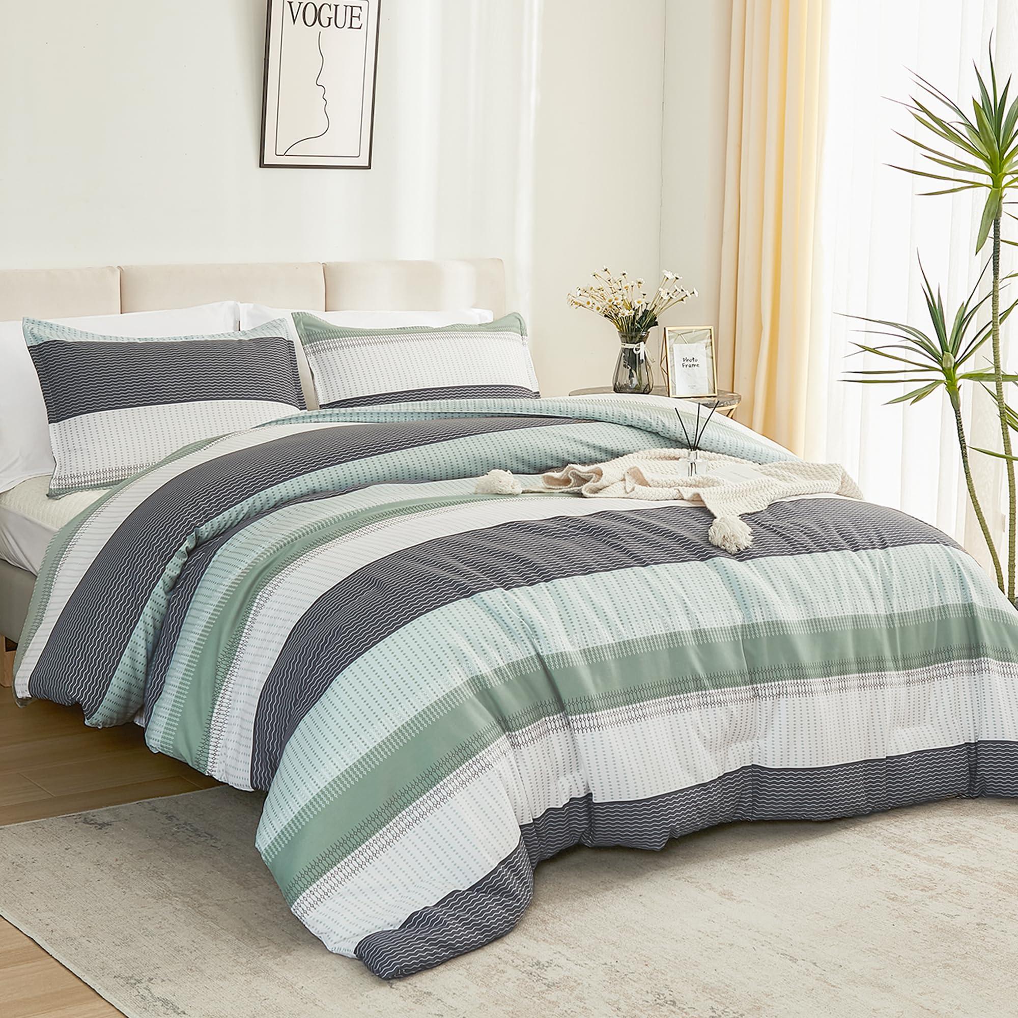 Litanika Queen Comforter Set Sage Green - 3 Pieces Lightweight Quilt Bedding Comforter Sets, Light Green White Colorblock Stripe Fluffy Bed Set, All Season Down Alternative - Image 3