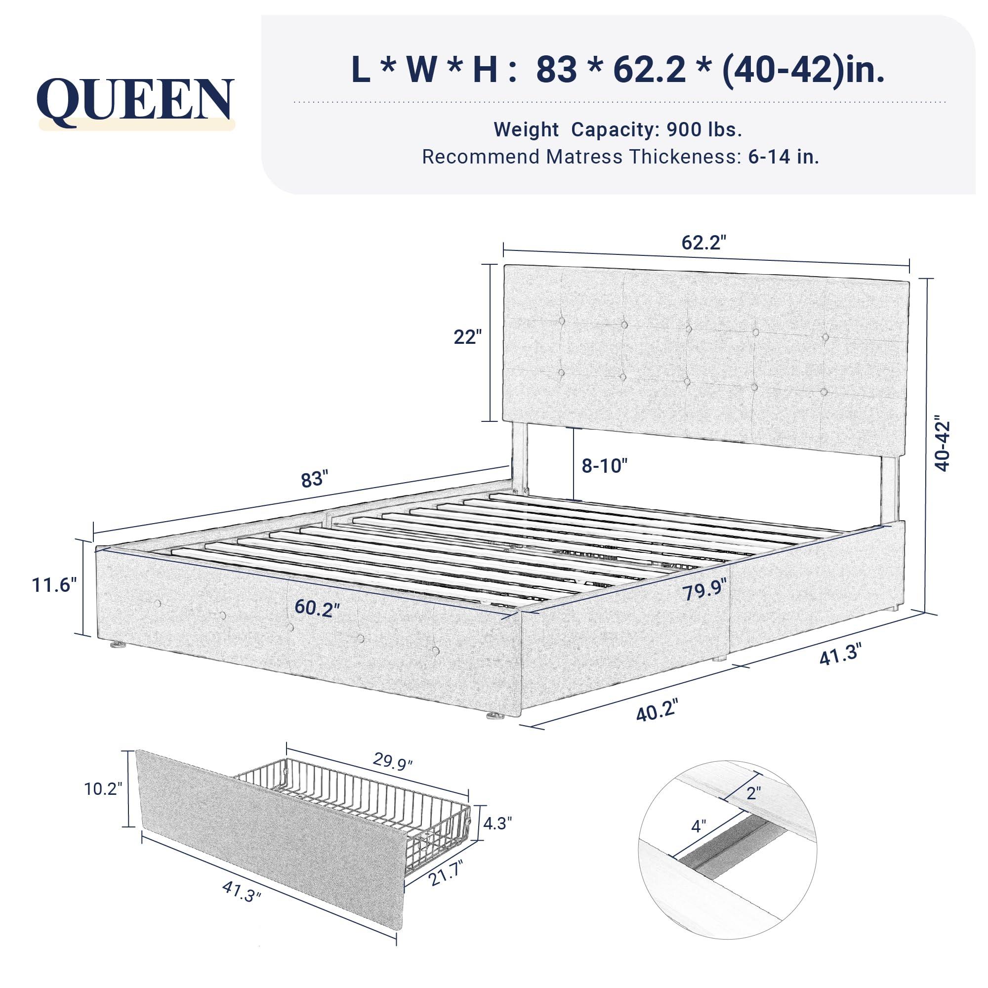 Allewie Upholstered Queen Size Platform Bed Frame with 4 Storage Drawers and Headboard, Square Stitched Button Tufted, Mattress Foundation with Wooden Slats Support, No Box Spring Needed, Light Grey - Image 2