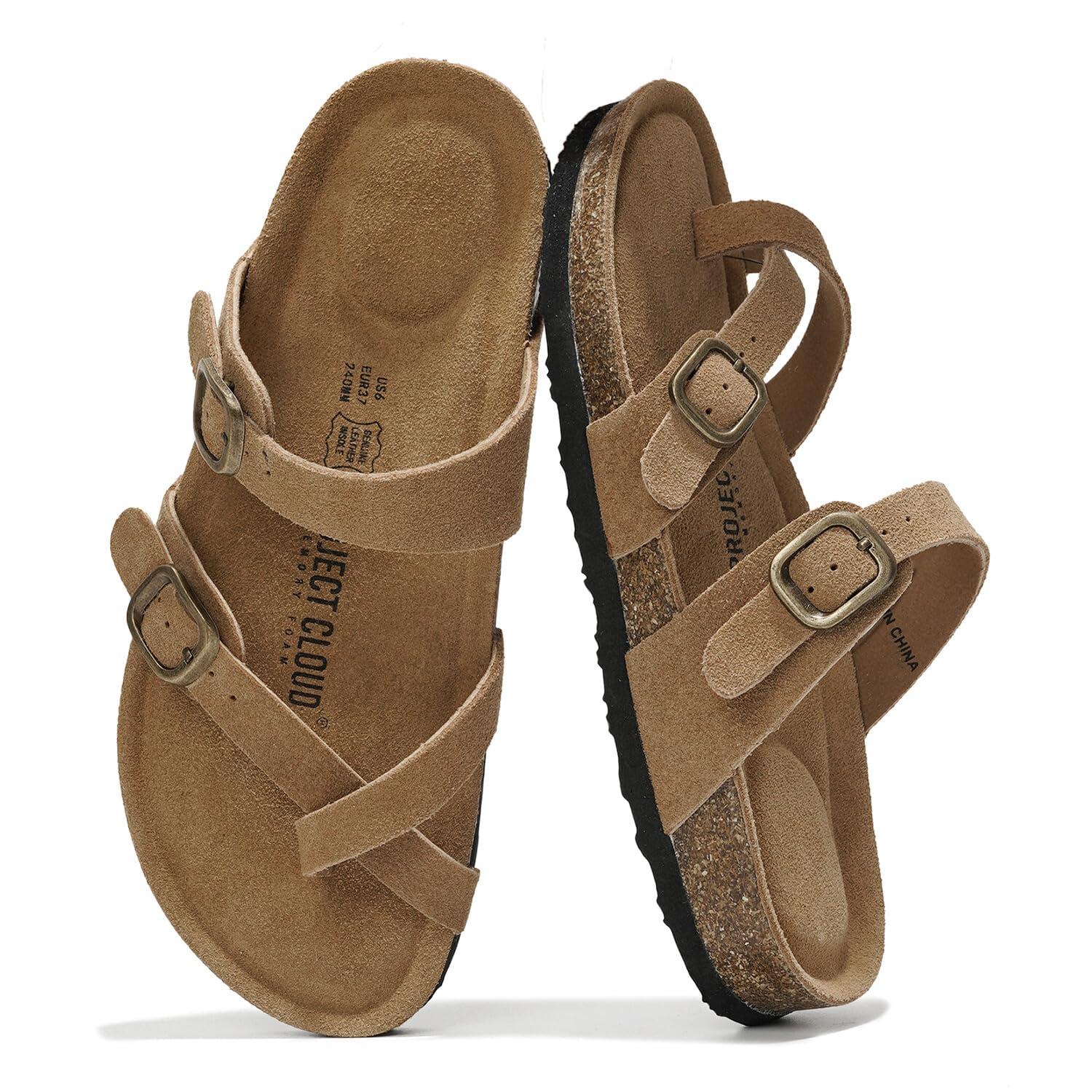 Project Cloud Genuine Leather Womens Sandals - Comfortable Cork Footbed Slides with Memory Foam Beach Essential Summer Sandals For Women 2025 (Lian)