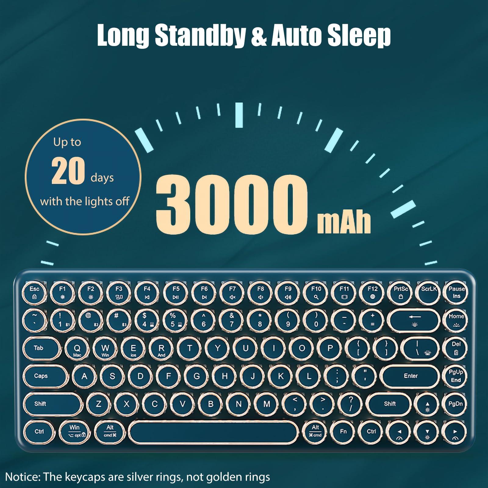 TISHLED Typewriter Keyboard Wireless 2.4GHz/Bluetooth/USB-C Wired Mechanical Gaming Keyboard Warm White LED Backlit 84-Key NKRO Hot Swappable Green Switches Retro Round Keycaps for Multi-Device - Image 6
