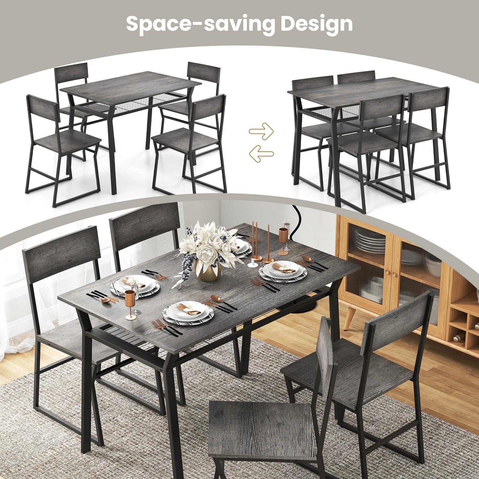 Tangkula Dining Table Set for 4, Kitchen Table and Chairs for 4 with Storage Rack, Space-Saving Dinette Set for Kitchen Dining Room (Grey) - Image 6