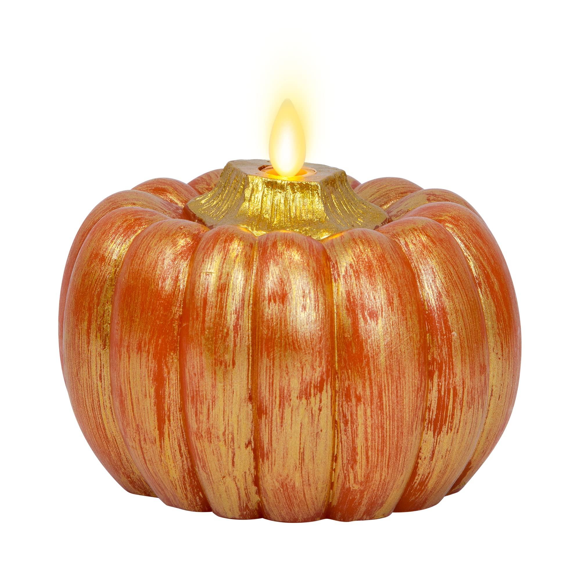 Luminara - Flameless Halloween LED Candle Battery Operated Moving Flame - Metallic Gold Orange Pumpkin - Pack of 1-5x4.5 - Unscented Indoor Use
