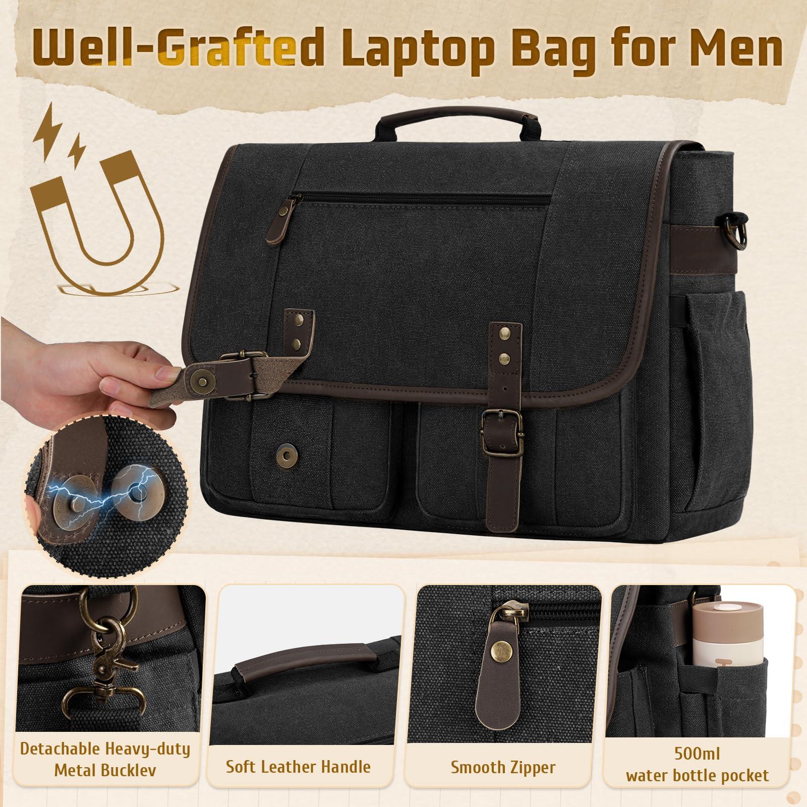RAINSMORE Mens Messenger Bag 17-17.3 Inch Vintage Canvas Briefcase Water-resistant Large Computer Laptop Bag Rugged Satchel Shoulder Bag for Work Travel, Bookbag for College - Image 3