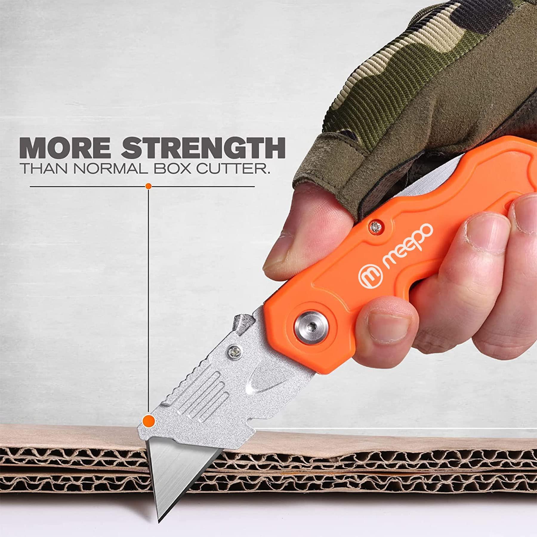 M MEEPO Box Cutter, 4-Pack Tough Folding Box Cutter for Heavy Duty Purpose, Razor Sharp Blade, Comfortable Handle, with Extra 10-Piece Blades, Can cut Drywall, Sheet Plastic, Linoleum, Boxes, Rope - Image 7