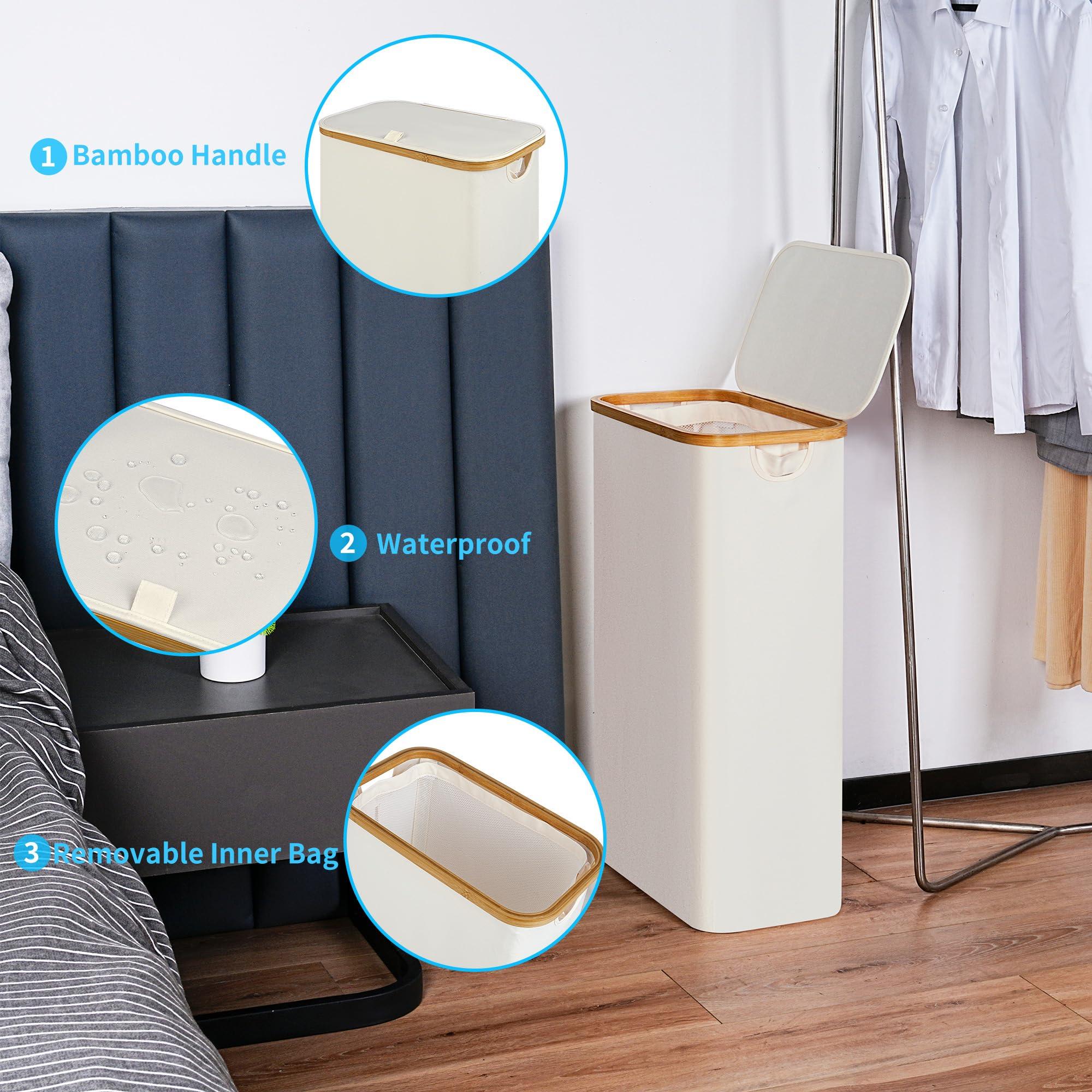 efluky Slim Laundry Basket with Lid, Narrow Laundry Hamper with Removable Bag, Skinny Dirty Clothes Basket with Bamboo Handles for Bathroom, Bedroom & Laundry Room, 75L Beige - Image 5