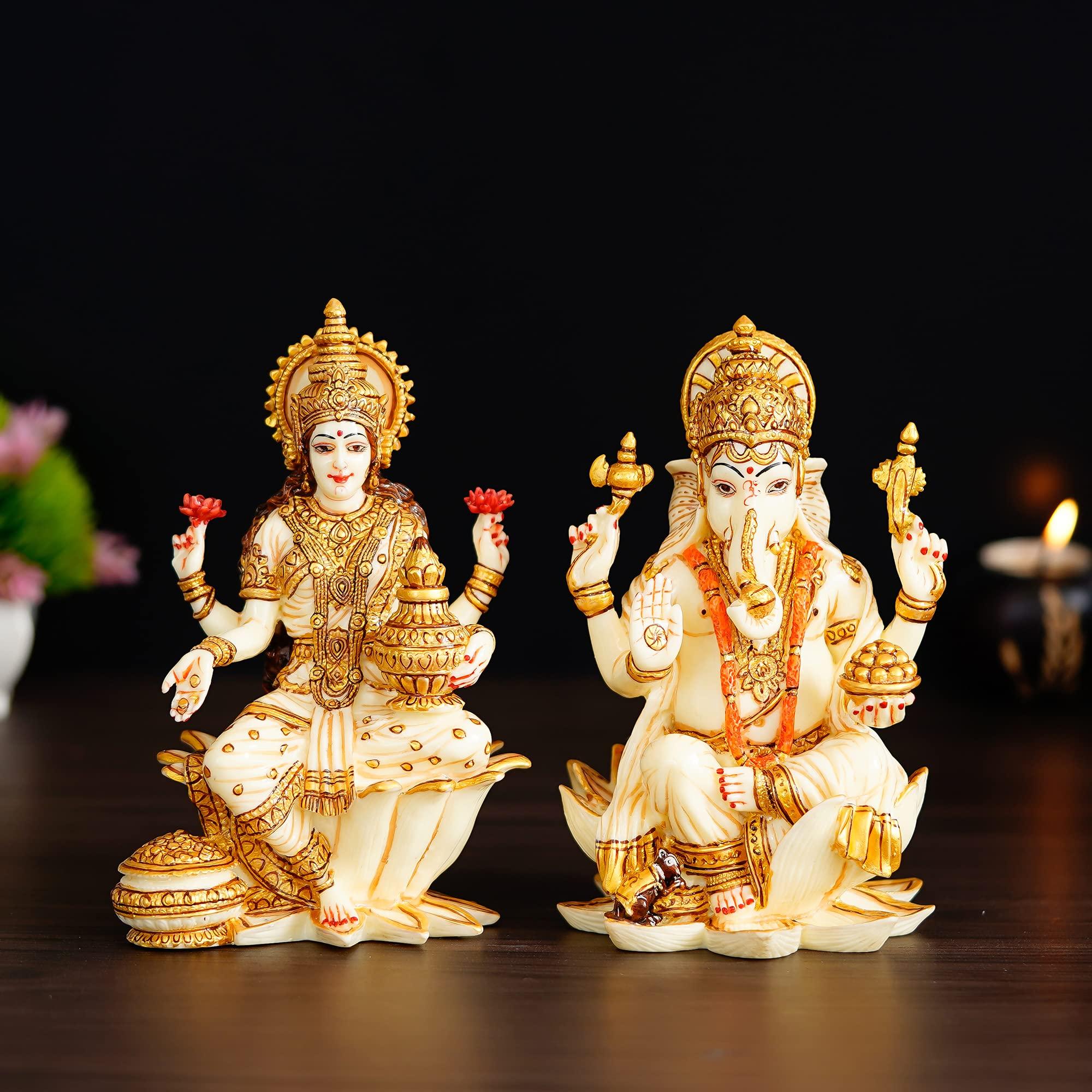 Shyam Antique Creation Ganesh Laxmi Idol Goddes Lakshmi Statue Ganesha Sculpture Pair of murti Figurine for Diwali Pooja/puja, Off-white, 7'' Tall, 10'' Long, 4.5'' Depth (SACM29092111)