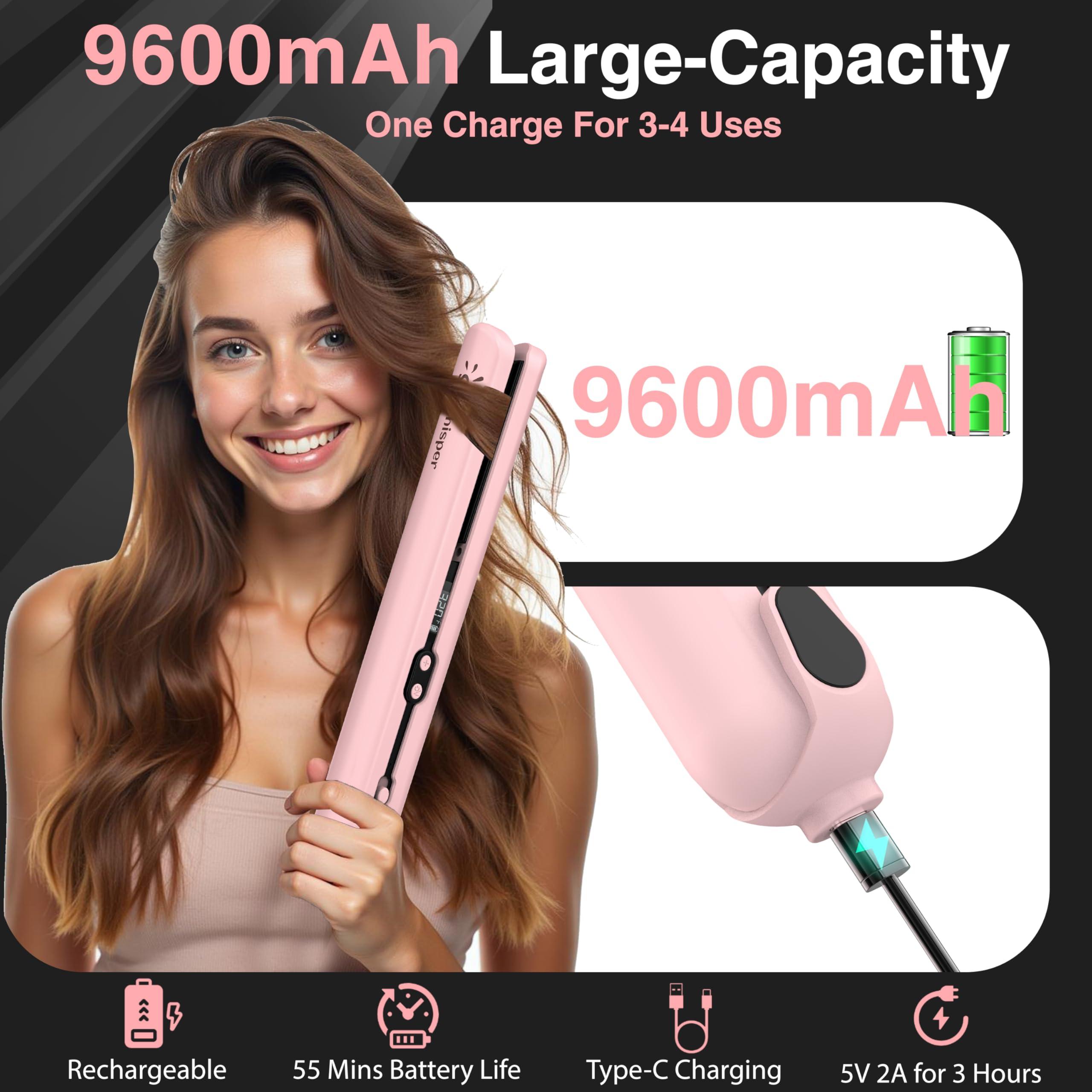 9600mAh Cordless Flat Iron Hair Straightener Rechargeable, Cordless Hair Straighteners for Women, Wireless Straightener for Car, 20 Million Negative Ions, LCD, 6 Adjustable Temp(Pink) - Image 3