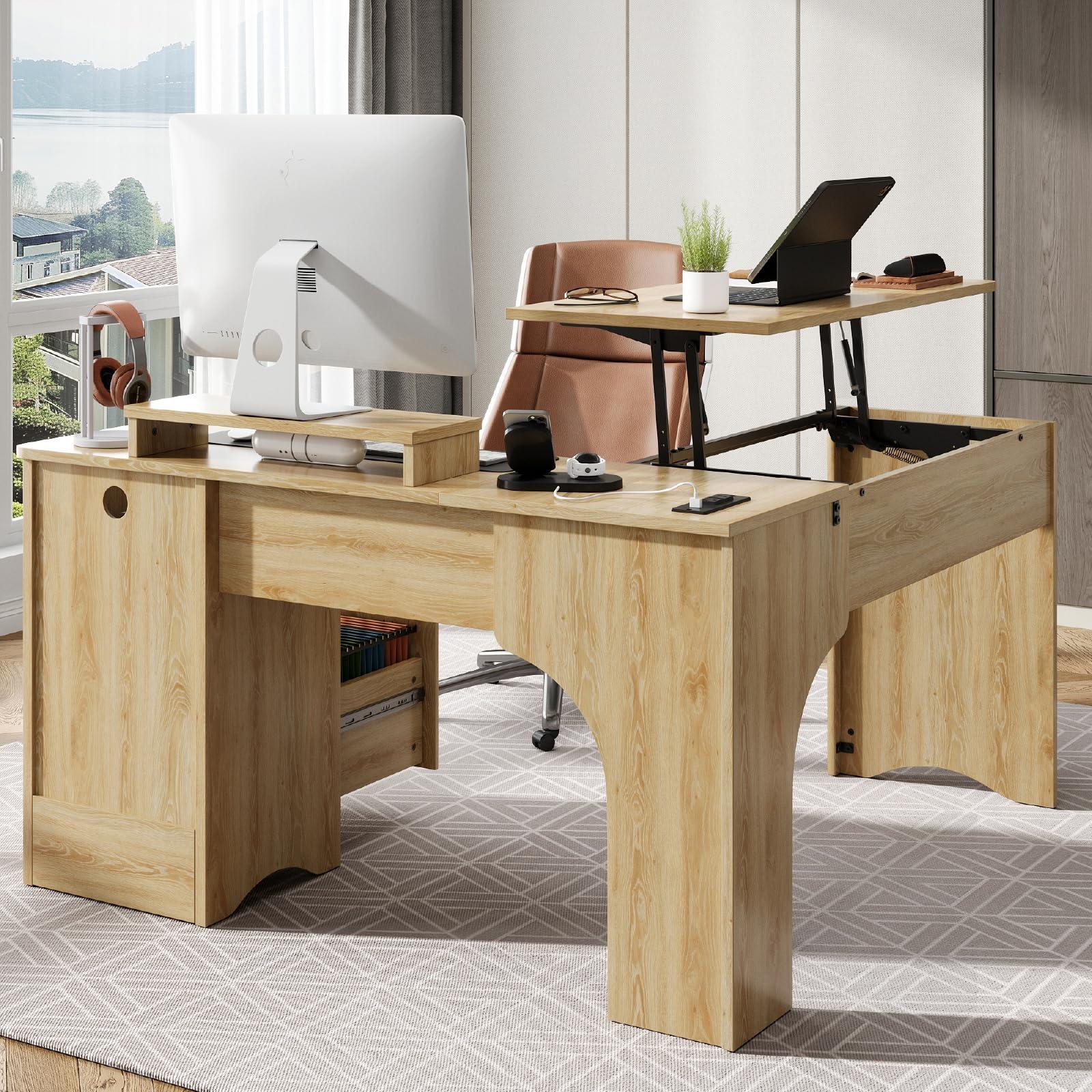 Bestier L Shaped Desk with Lift Desktop, 55 inch Corner Desk with Fluted Panel Deisgn Drawers, Modern Office Desk with File Drawer (Natual Oak, 55'' x 55'' Lift Top) - Image 4