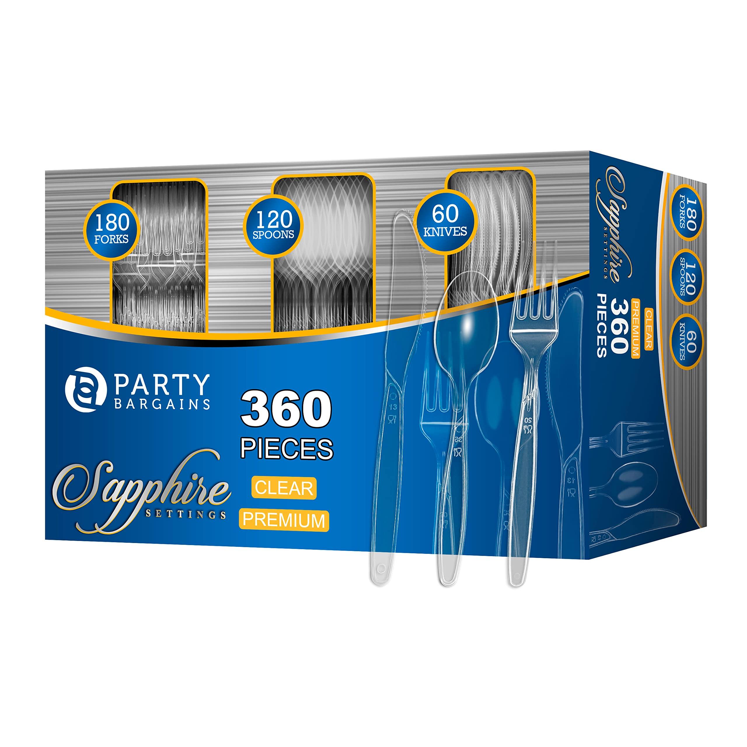 Party Bargains Disposable Cutlery set, SAPPHIRE Design, Clear Color, 360 Pieces: 180 Forks, 120 Spoons, 60 Knives - Image 1