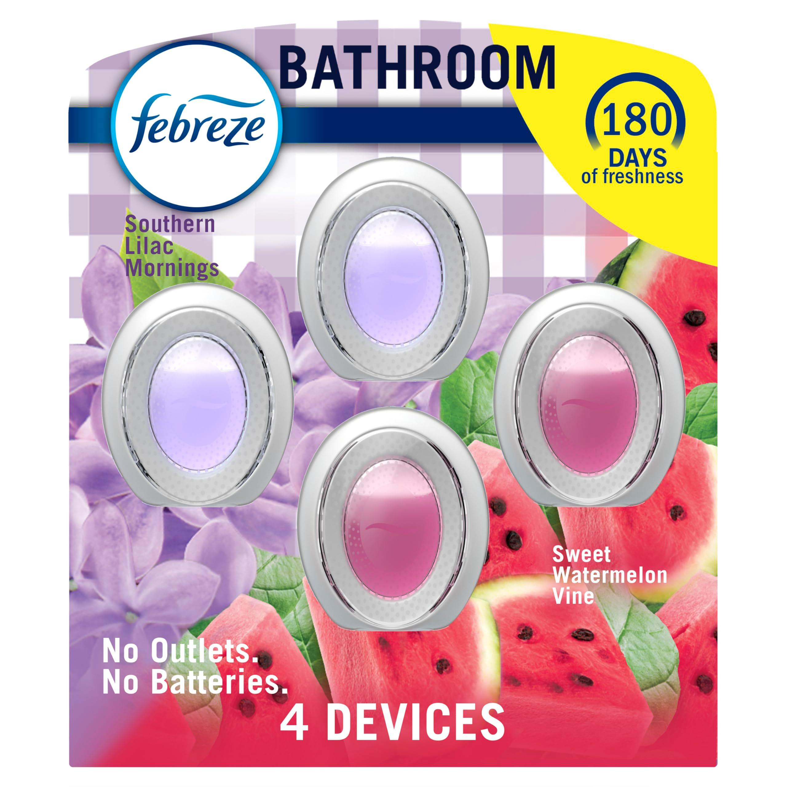 Febreze Bathroom Air Freshener, Odor-Fighting, Plug In Alternative, Air Fresheners for Home and Bathroom and Kitchen, Closet Air Fresheners, Watermelon & Lilac Scent, 4 Count
