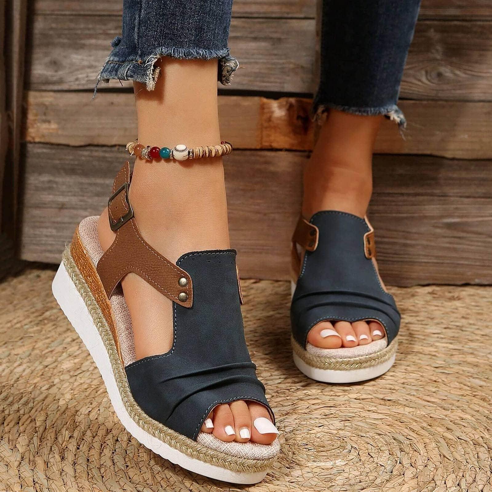 Navy Blue Orthopedic Wedge Sandals for Women 2025 Summer Dressy Flat Open Toe Ankle Strap Espadrilles Sandals Boho Comfortable Casual Strappy Slip on Wedges Shoes - Image 3