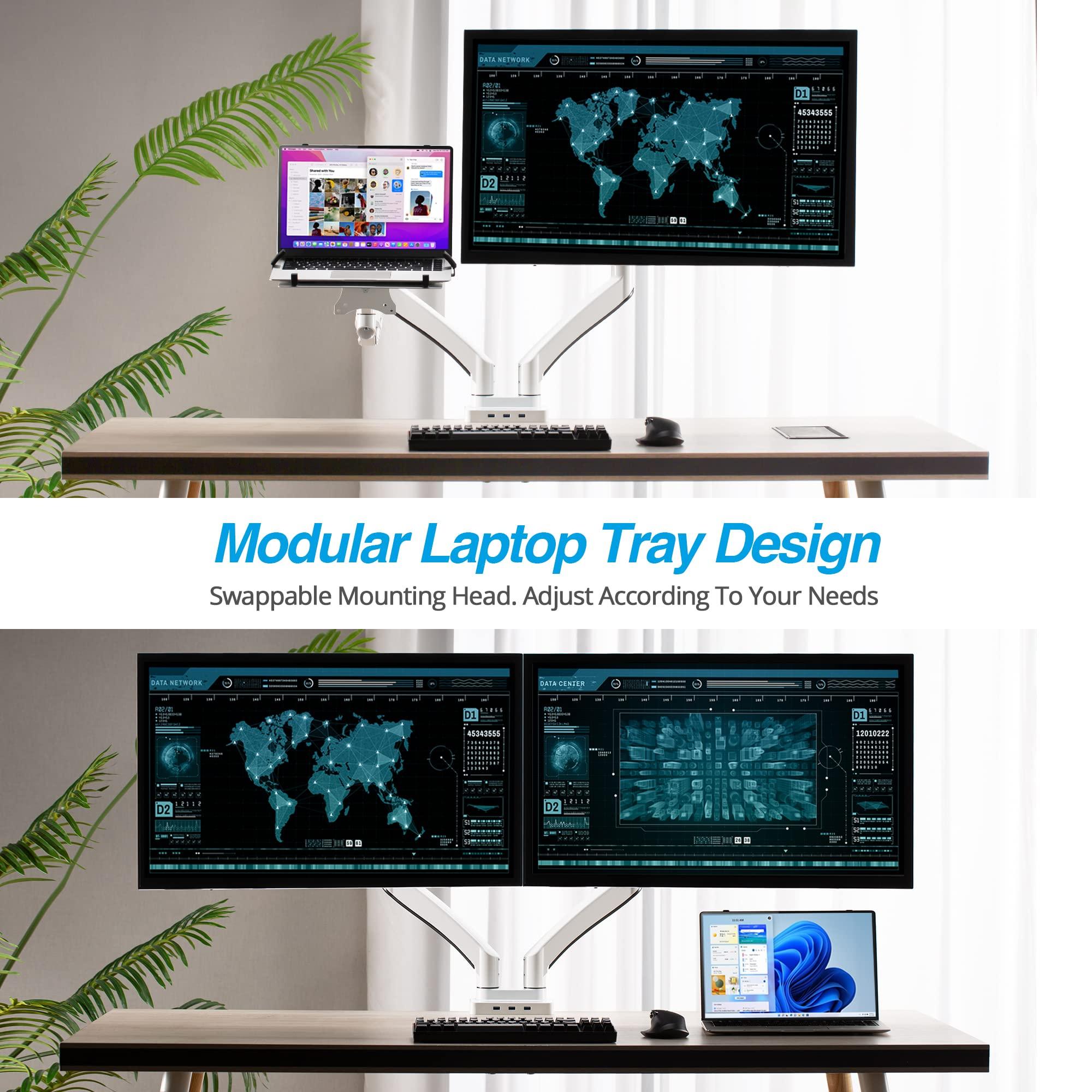 AVLT Dual 17”-43" Monitor Arm Desk Mount with 15" Laptop Tray and USB-C Docking Station, HDMI 4K60Hz, USB-A 5Gbps, Ethernet, 100W PD, Fits Two Flat/Curved Monitor - White - Image 2
