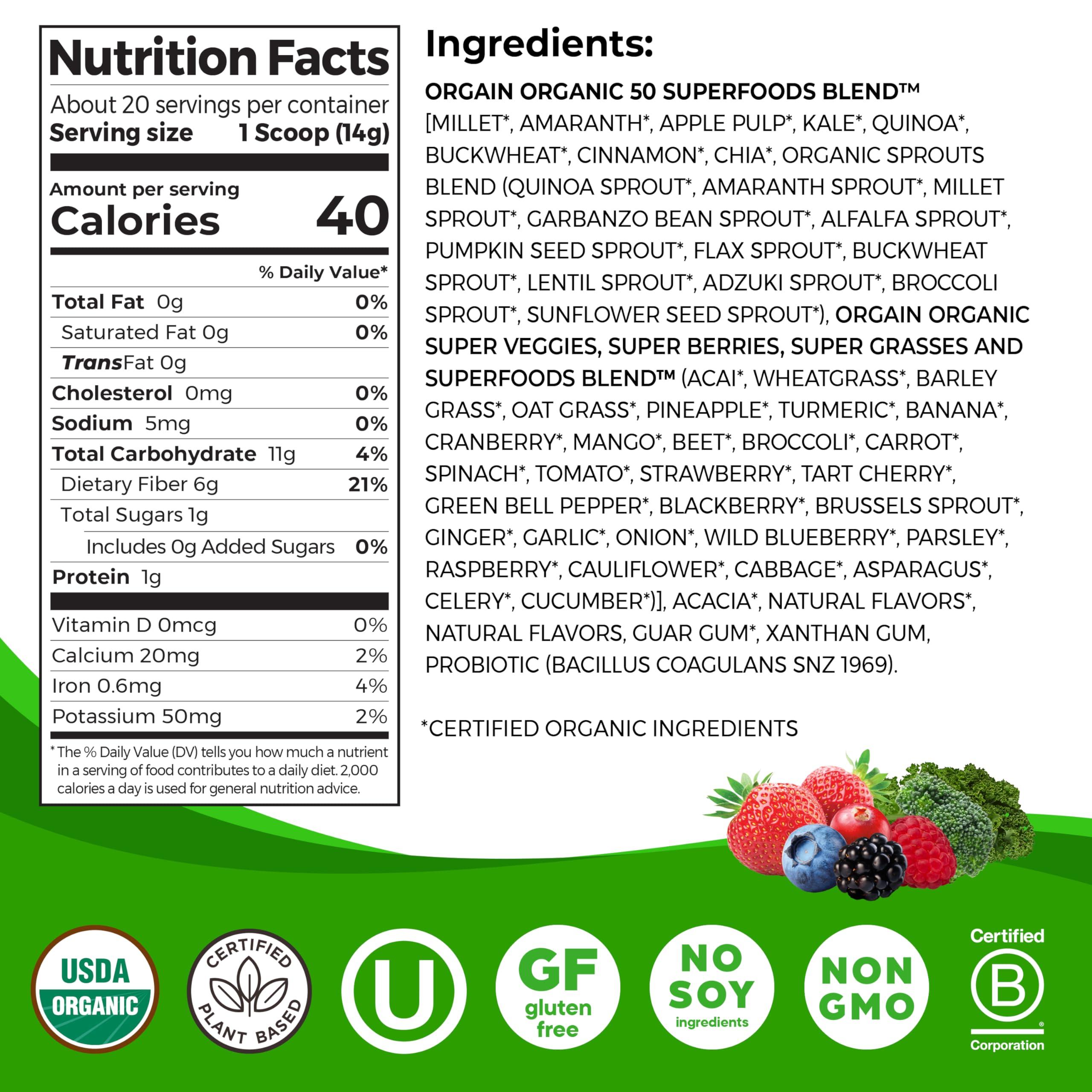 Orgain Organic Greens Powder + 50 Superfoods, Berry - 1 Billion Probiotics for Digestive Health, Antioxidants, Vegan, Plant-Based, Gluten-Free, Non-GMO, Green Juice & Smoothie Drink Mix - 0.62lb - Image 2