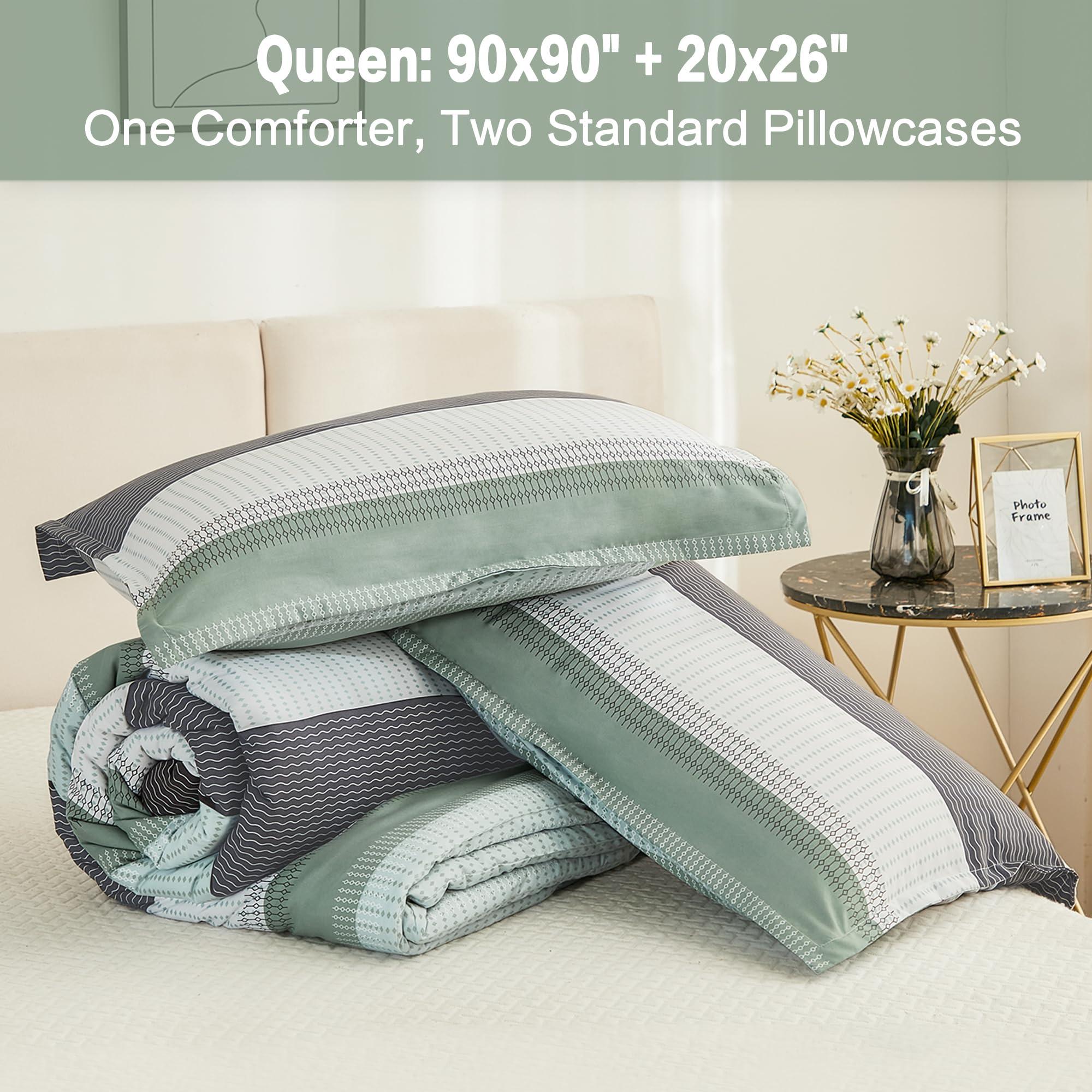 Litanika Queen Comforter Set Sage Green - 3 Pieces Lightweight Quilt Bedding Comforter Sets, Light Green White Colorblock Stripe Fluffy Bed Set, All Season Down Alternative - Image 8