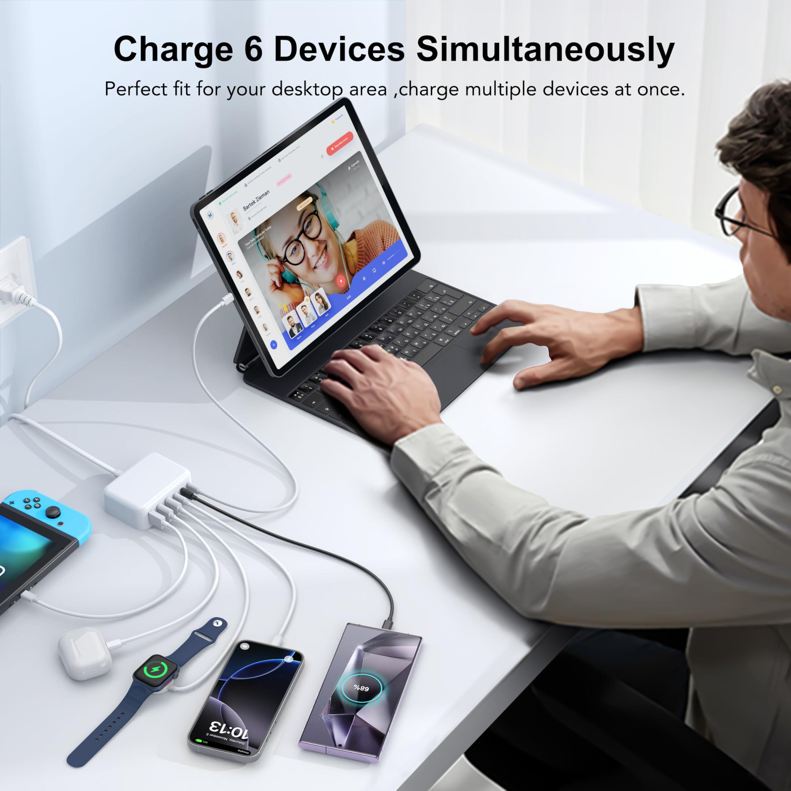 USB C Fast Charger, 100W GaN 6 Port Type Charging Station Hub Block Cube, Wall Charger Power Strip Adapter Plug for iPad iPhone 16 15 14 13 12 Pro Max Pixel Note Galaxy, 5ft Cord - Image 5