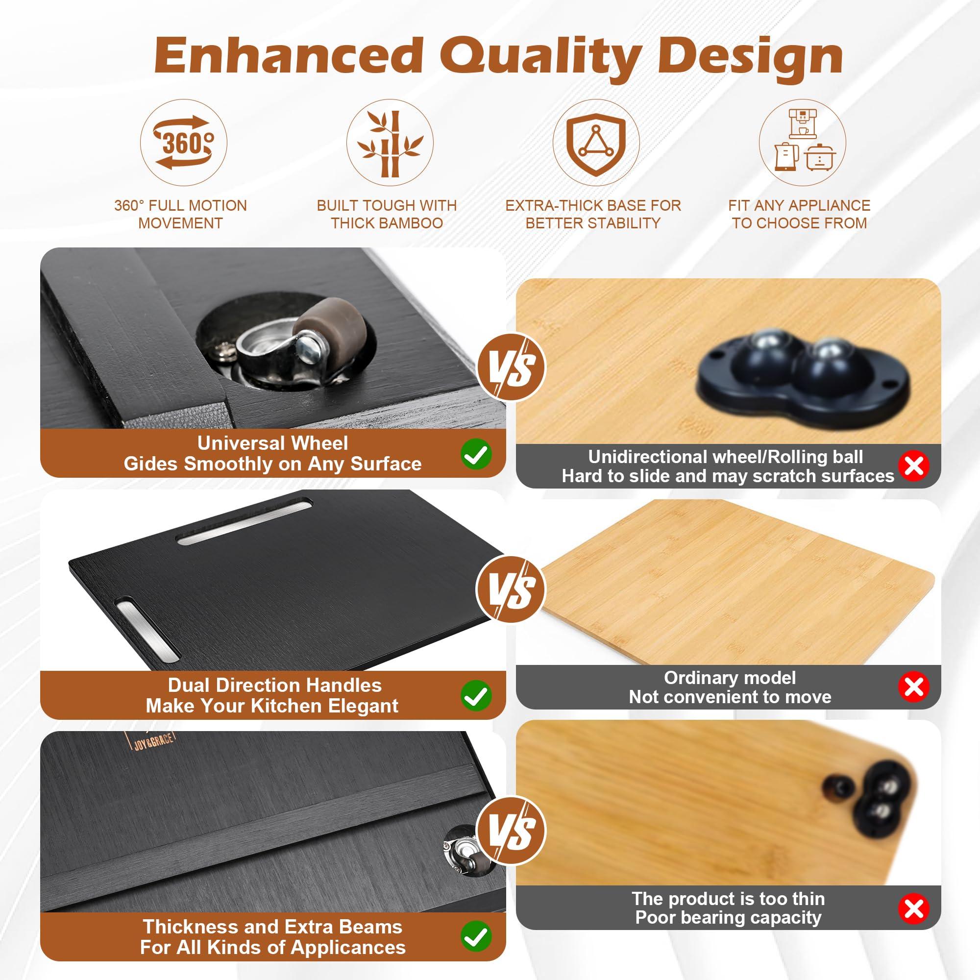 Joy&Grace Appliance Slider for Kitchen Appliances 360° Rolling Sliding Tray for Coffee Maker Countertop, Bamboo Coffee Pot Slider Rolling Tray with Universal Rollers (Black, Large 16"x13") - Image 7