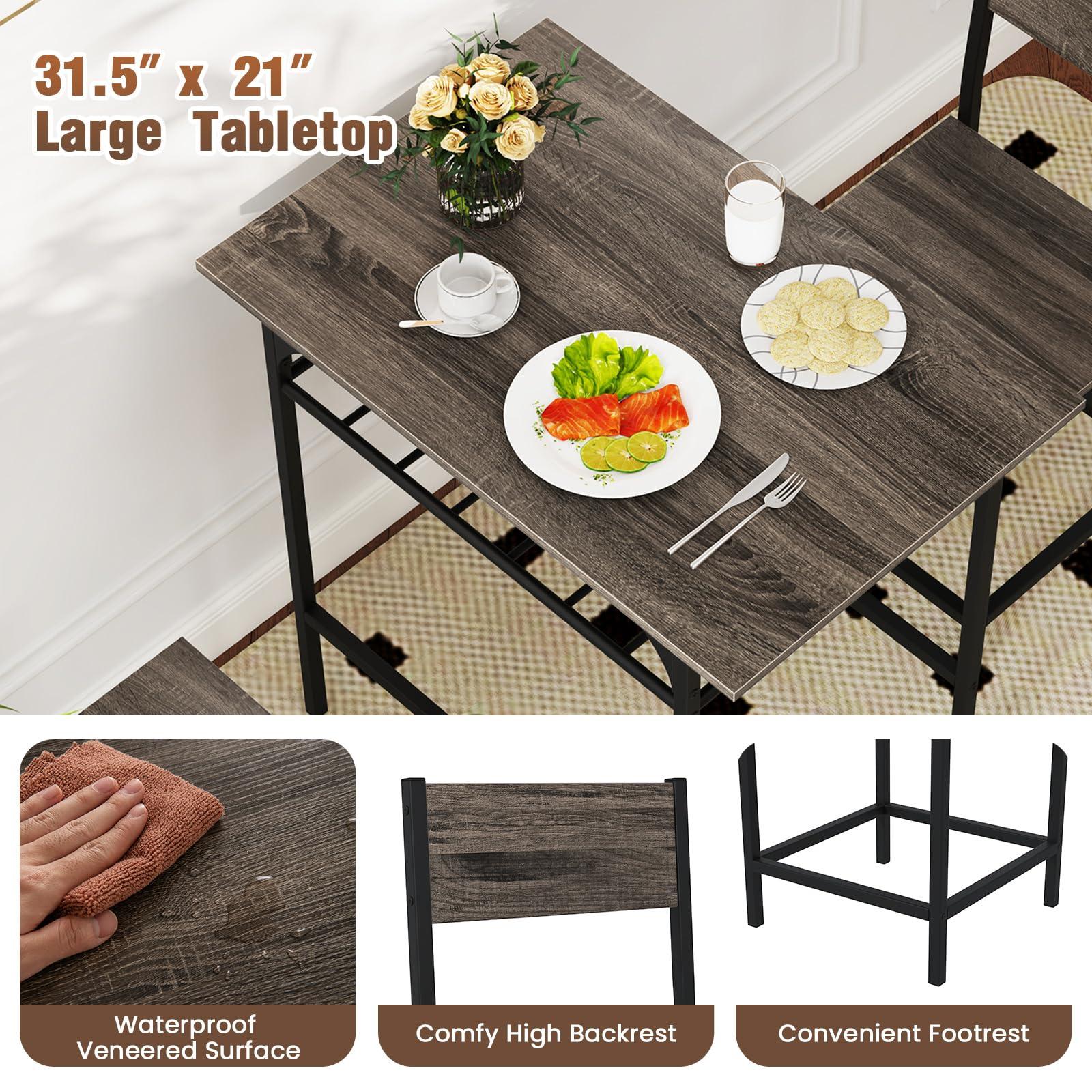 GOFLAME 3-Piece Dining Table Set for 2, Rectangular Wood Kitchen Table & Chair Set with Metal Frame, Storage Rack, Space-Saving Dinette Set for Breakfast Nook, Dining Room, Small Space, Grey - Image 3