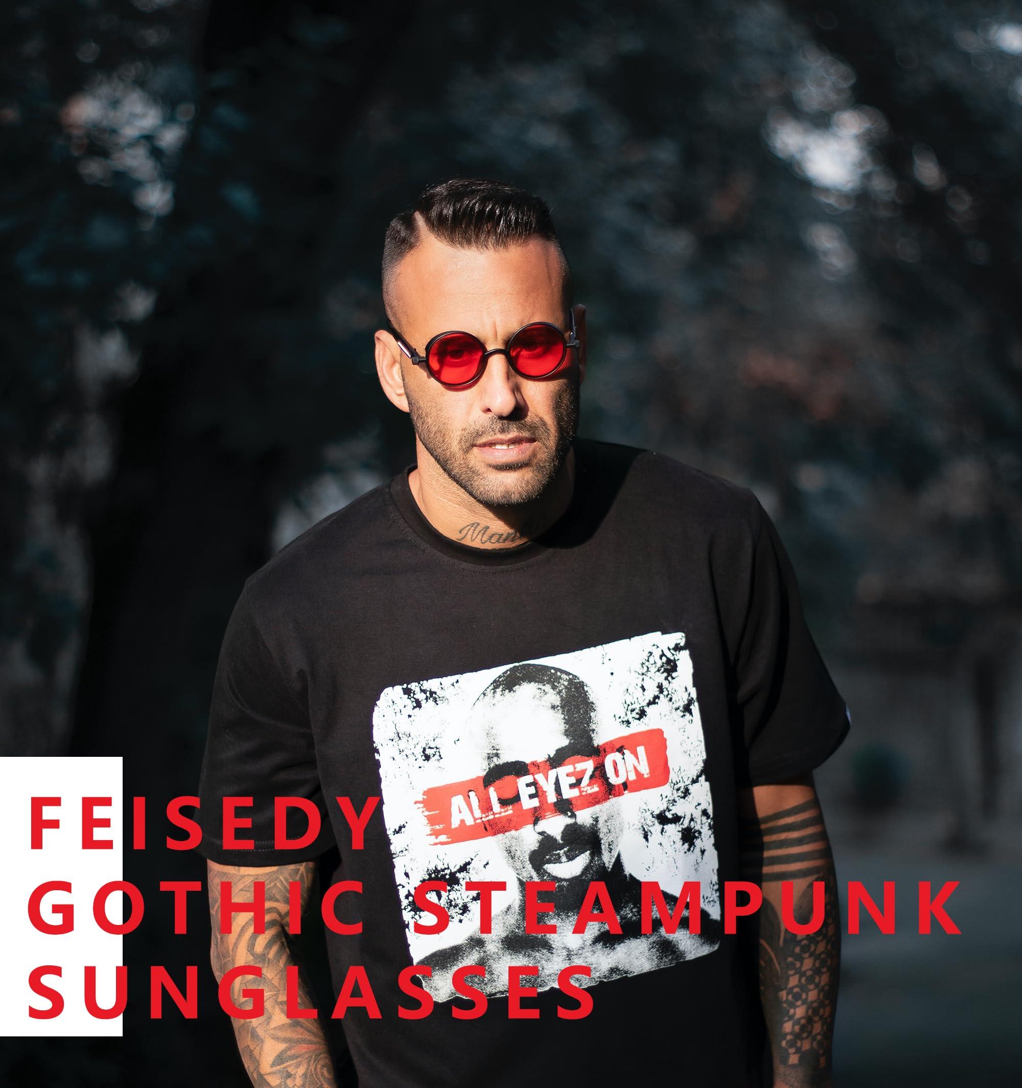 FEISEDY Retro Gothic Steampunk Sunglasses Round Metal Frame Punk Circle Inspired Shade Men B1857 - Image 2