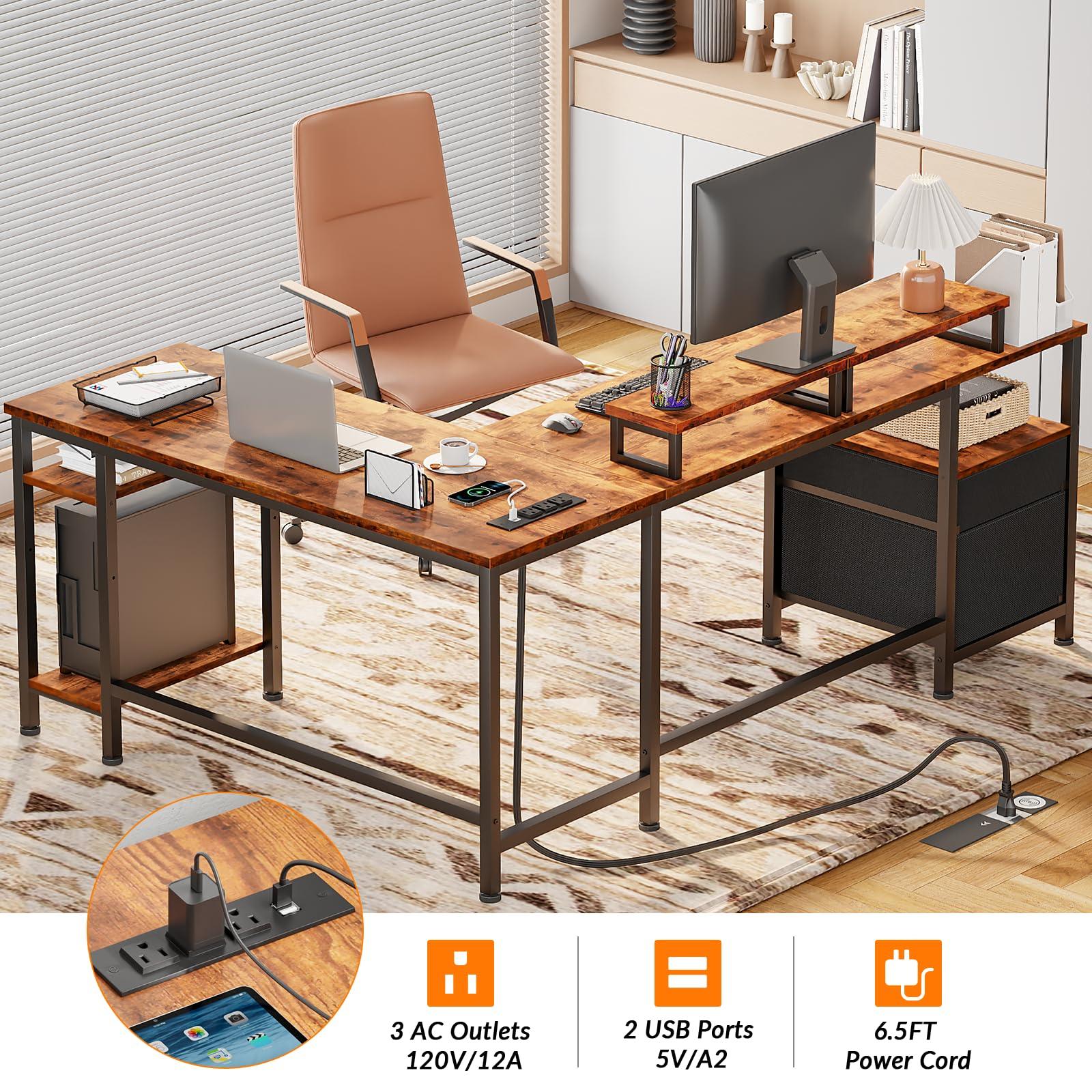 Furologee 66” L Shaped Desk with Power Outlet, Reversible Computer Gaming Desk with File Drawer & 2 Monitor Stands for Home Office with Storage Shelves, Rustic Brown - Image 5