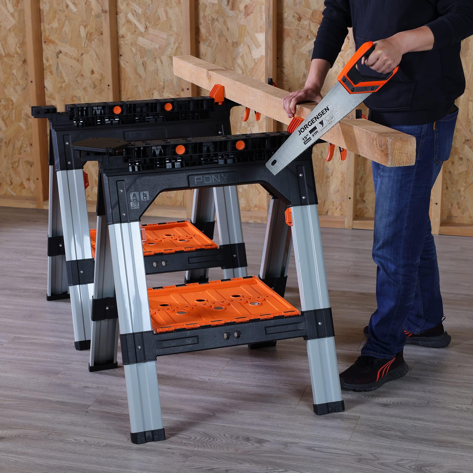 PONY 2-Pack Clamping Sawhorses, 1200 LBS Load Capacity, 30-3/4" Folding Sawhorse with 12” F Clamps, Bench Dogs, Angle Clamps, 2" Spring Clamps, Steel Legs, Heavy Duty for Woodworking - Image 2