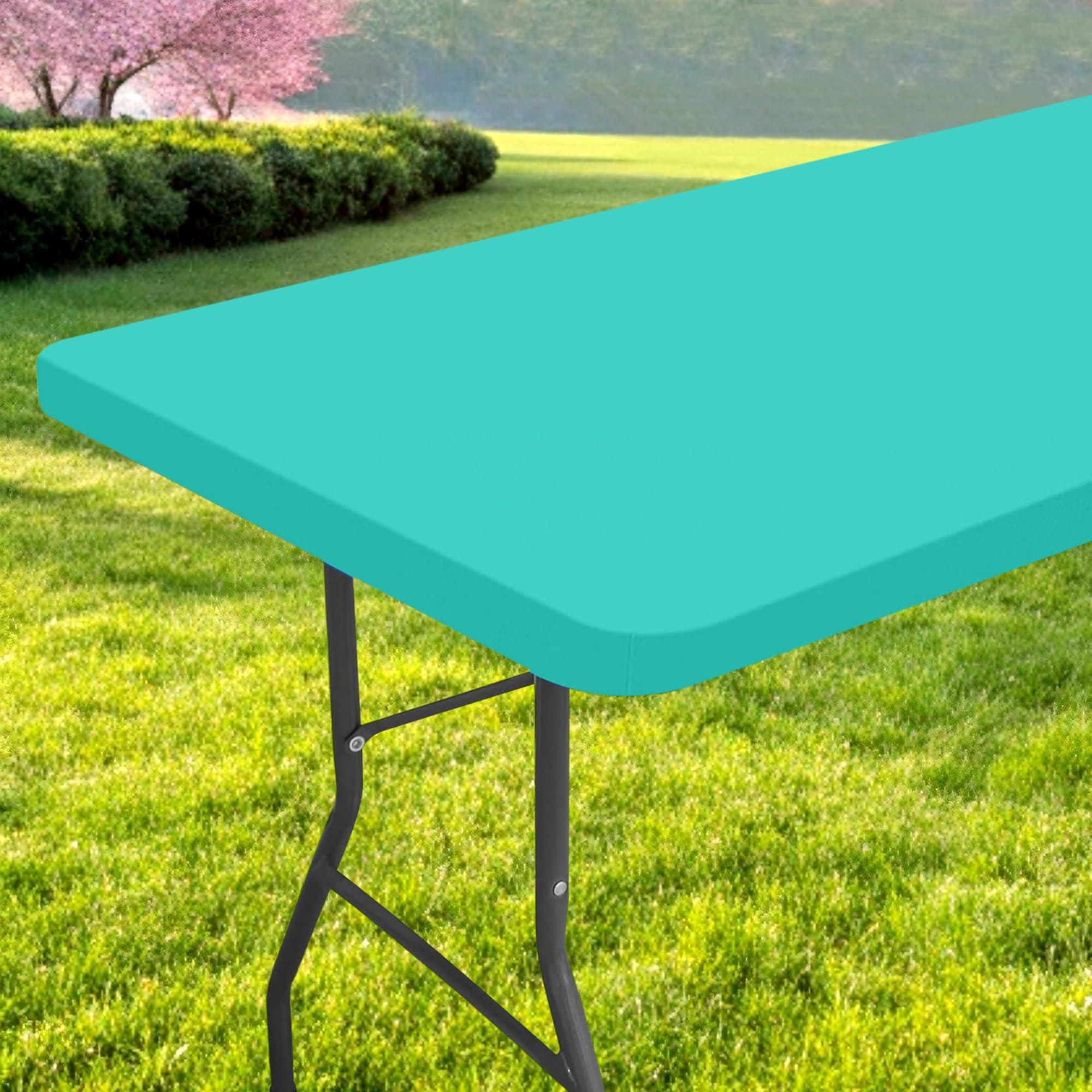 Spotjoy Rectangle Table Cloth, Waterproof Elastic Fitted Tablecloth for 6 Foot Folding Tables, Washable Polyester Tablecloths for Picnic, Camping, Outdoor (Aqua, 30"x72")