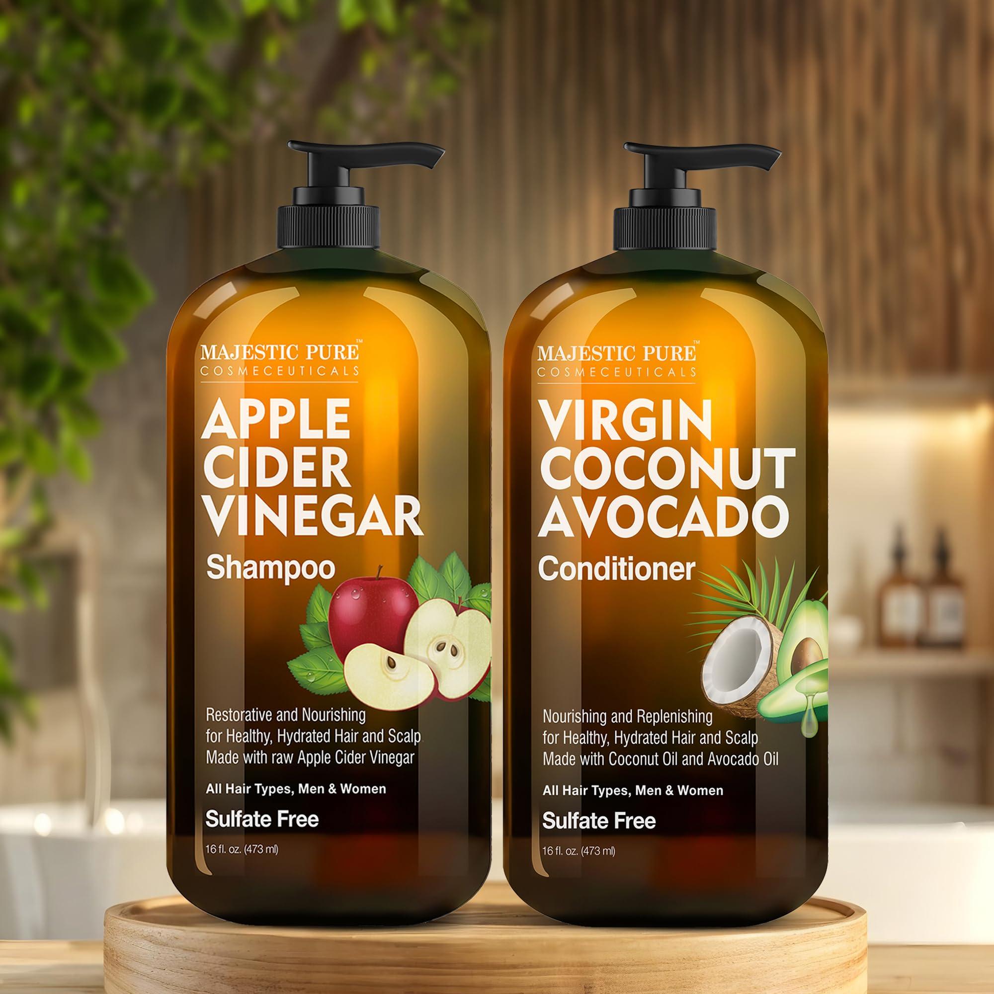 MAJESTIC PURE Apple Cider Vinegar Shampoo and Avocado Coconut Conditioner Set - Restores Shine & Reduces Itchy Scalp, Dandruff & Frizz - Sulfate Free, for All Hair Types, Men and Women - 2 x 16 fl oz - Image 3