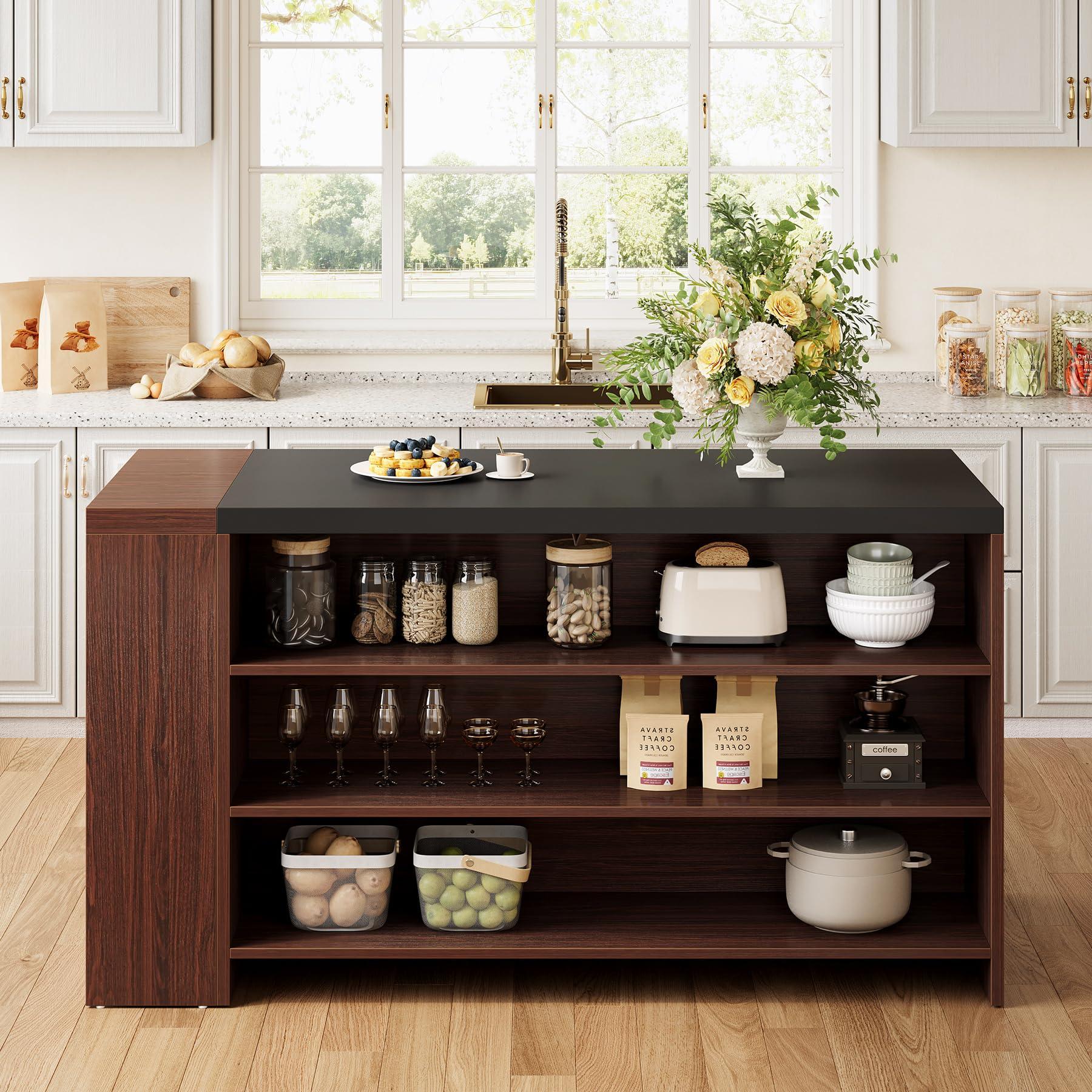 LITTLE TREE 55 Inches Modern Wooden Kitchen Island with Large Worktop & Leg Room, 4-Tier Storage Cabinet for Dining Room, Coffee Bar Table Cabinet for Living Room - Image 4