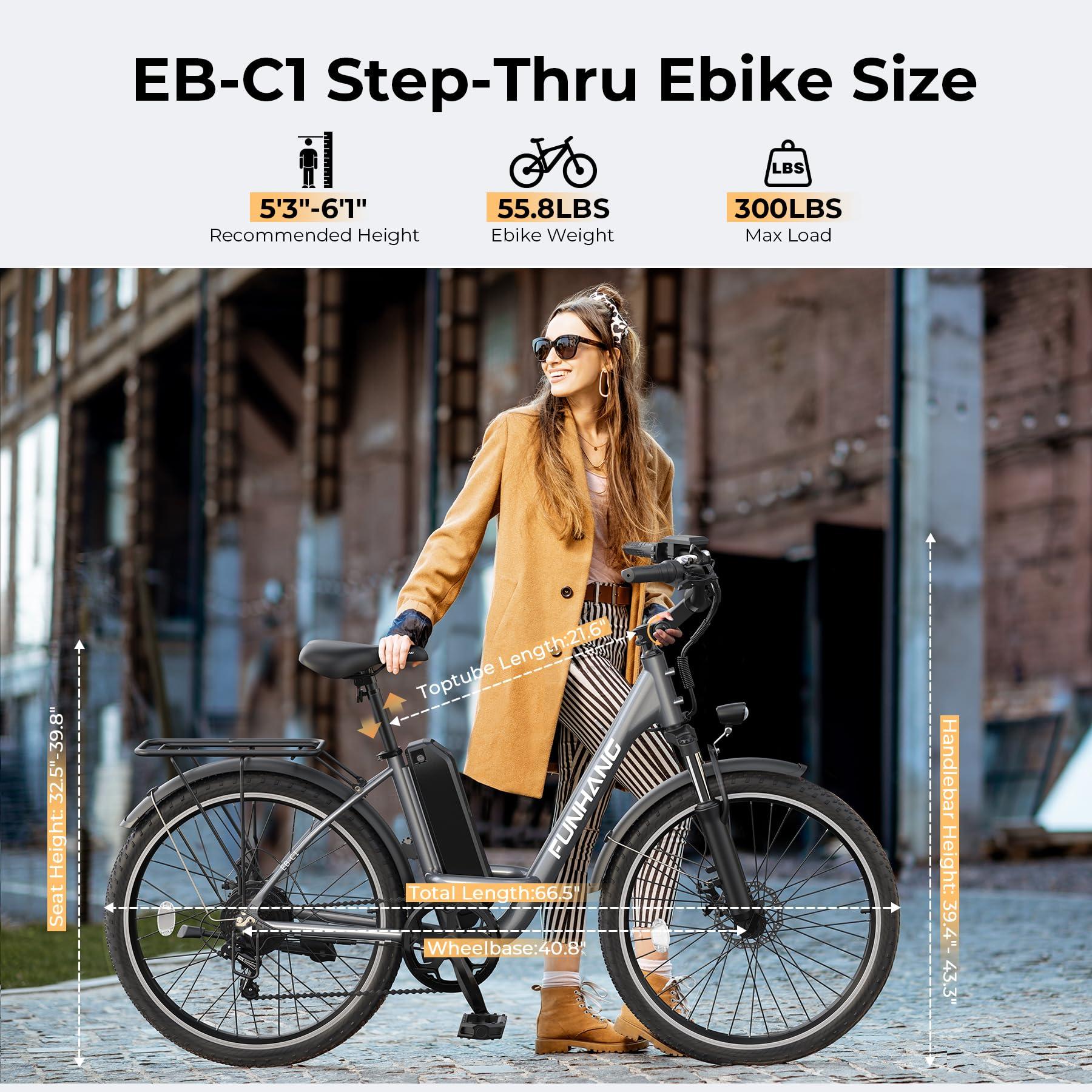 Funhang Electric Bike for Adults, 1000W Peak Ebike, 21.7MPH 50Miles City Cruiser Ebikes, 26" Step Thru Electric Bicycle with 48V Removable Battery, Adjustable Stem, Rear Rack, Front Suspension,7 Speed - Image 7