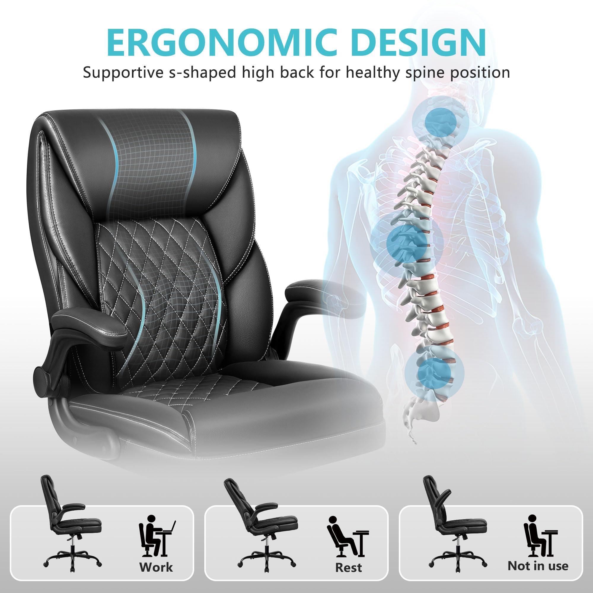 BestEra Office Chair, Executive Leather Chair Home Office Desk Chairs, Ergonomic Computer Desk Chair with Adjustable Flip-Up Arms, Lumber Support Swivel Task Chair with Rocking Function (Black) - Image 4