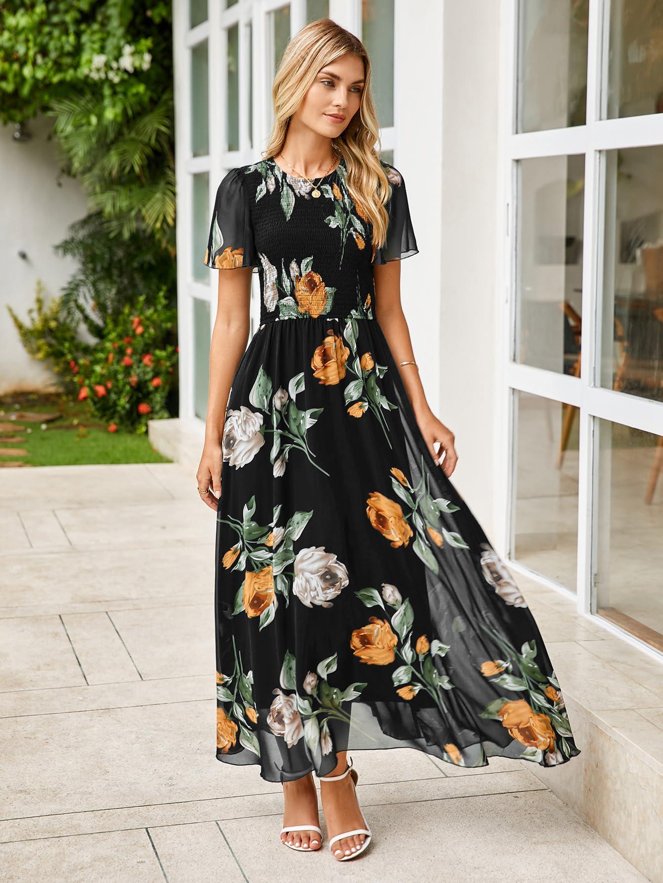 Simplee Womens Summer Floral Casual Maxi Dresses Flutter Short Sleeve Crew Neck Smocked Chiffon Boho Flowy Dress - Image 5