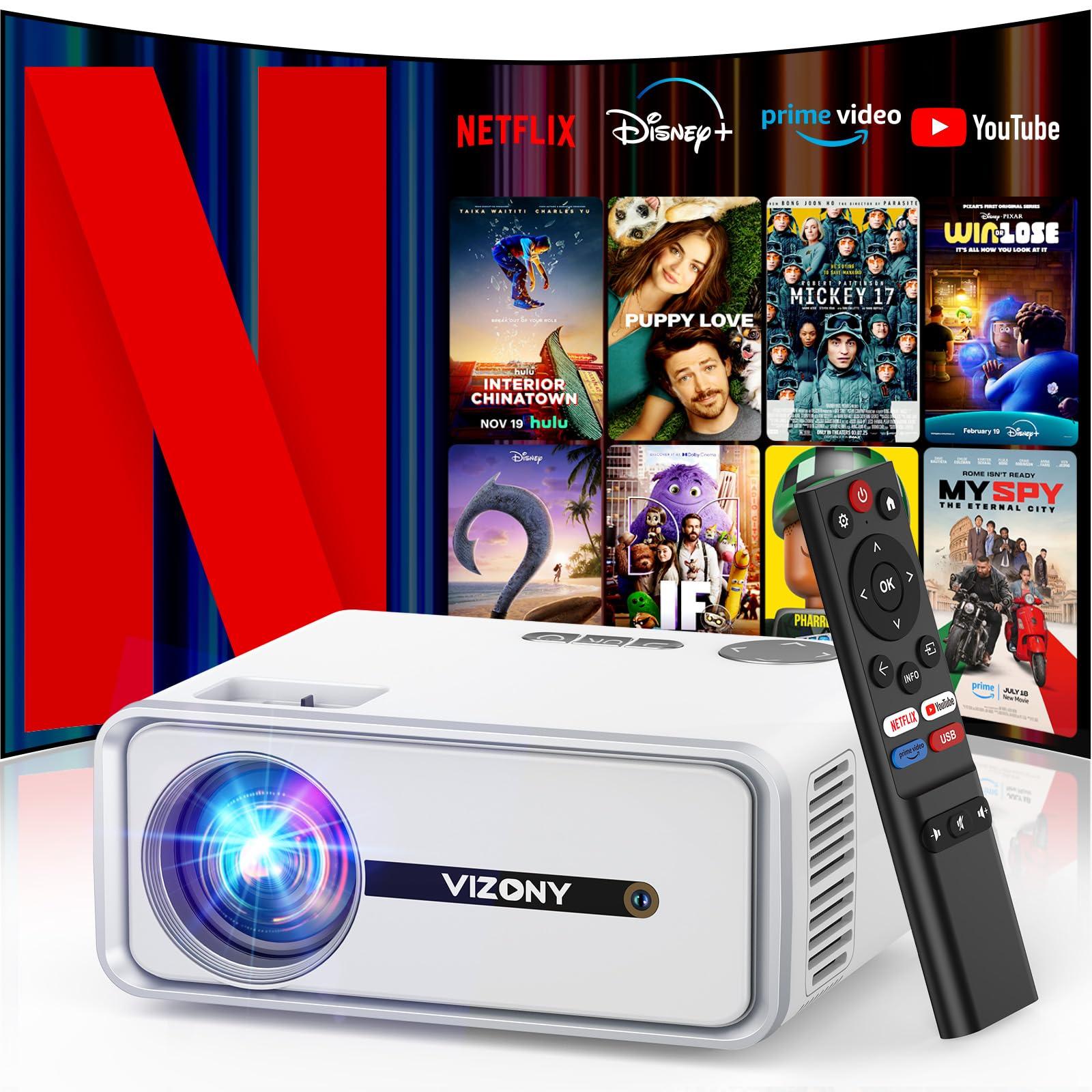 [Netflix Officially/Dolby Audio] Smart Projector with WiFi and Bluetooth, VIZONY Native 1080P Projector with Apps Built in Netflix, Youtube, Hulu, Disney+, Portable Mini Projector for Indoor/Outdoor