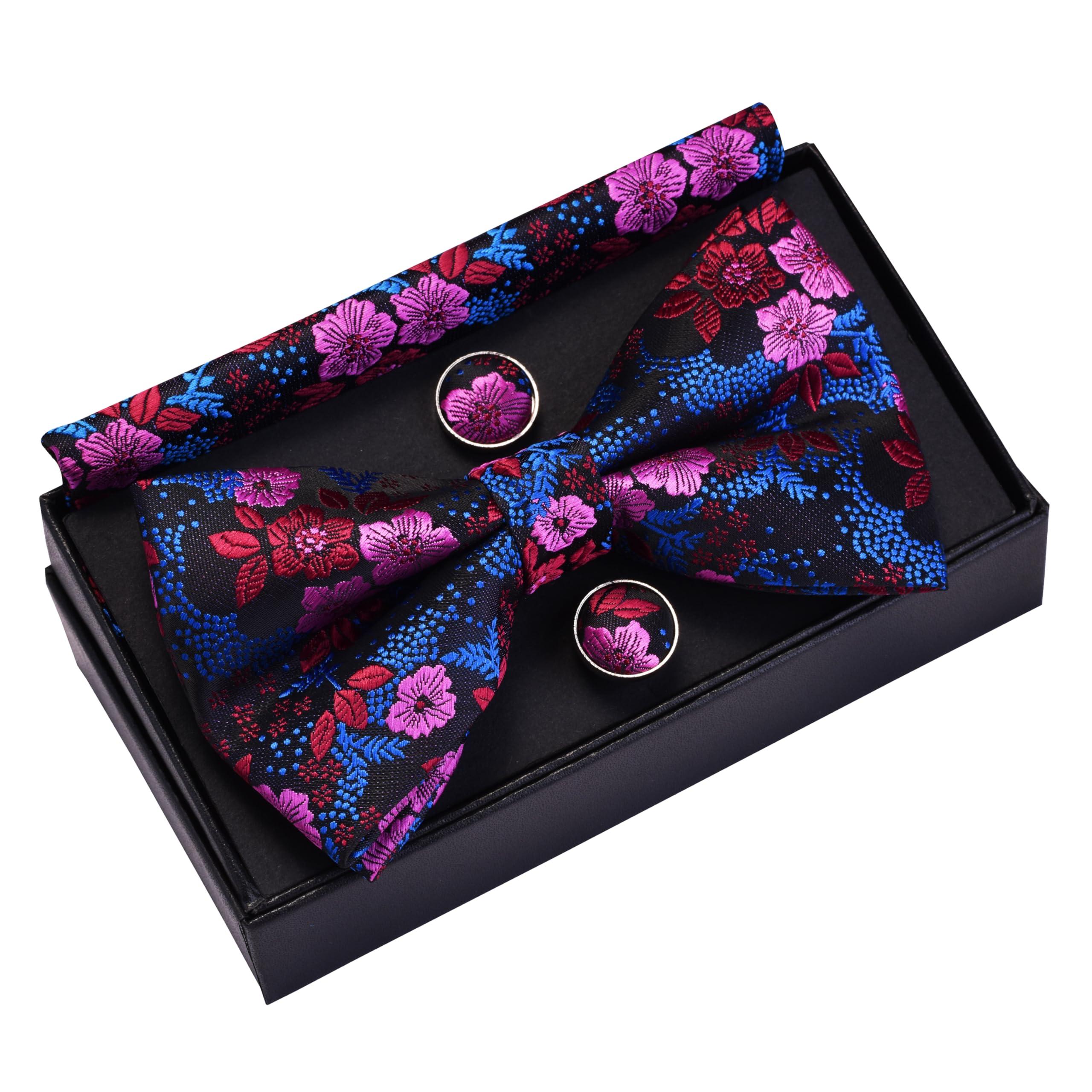 GUSLESON Mens Floral Bow Tie Handkerchief Jacquard Woven Adjustable Pre-Tied Bowties Pocket Square Cufflinks Set - Image 4