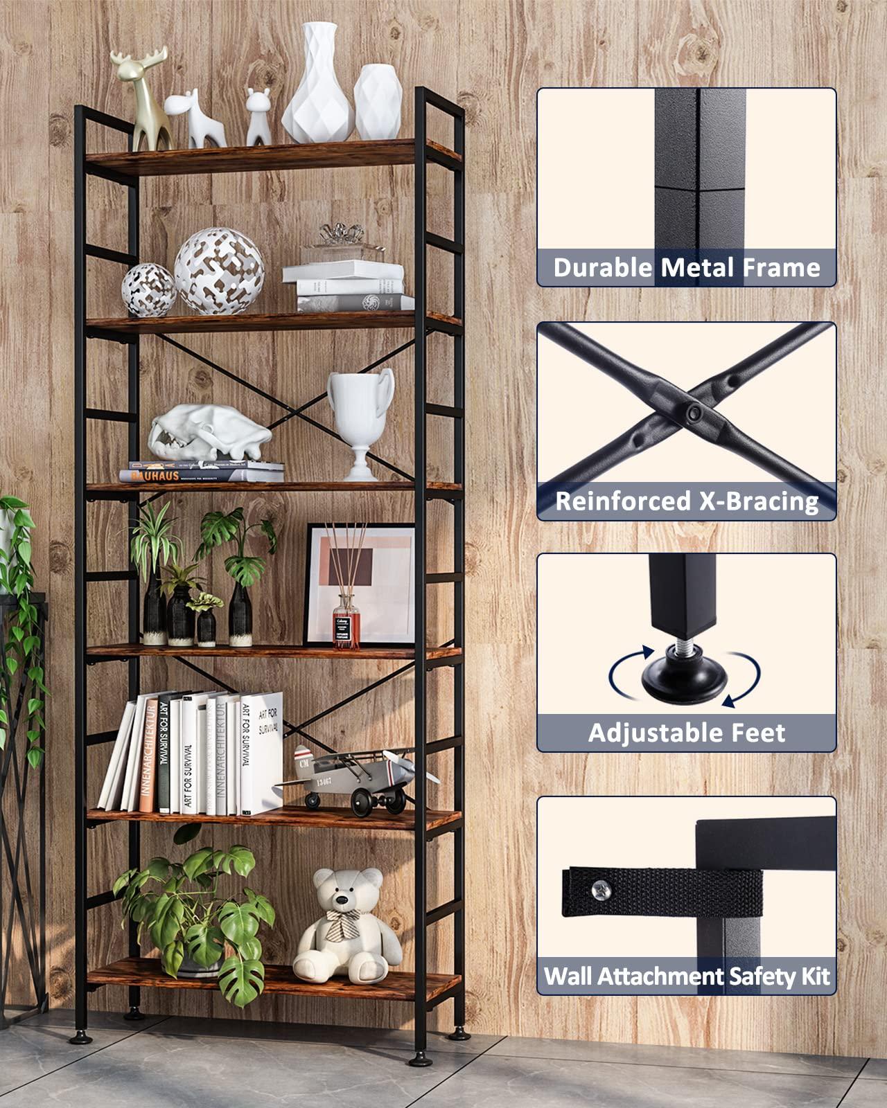 CosyStar 6-Tier Adjustable Tall Bookcase, Rustic Wood and Metal Standing Bookshelf, Industrial Vintage Book Shelf Unit, Open Back Modern Office Bookcases - Image 4