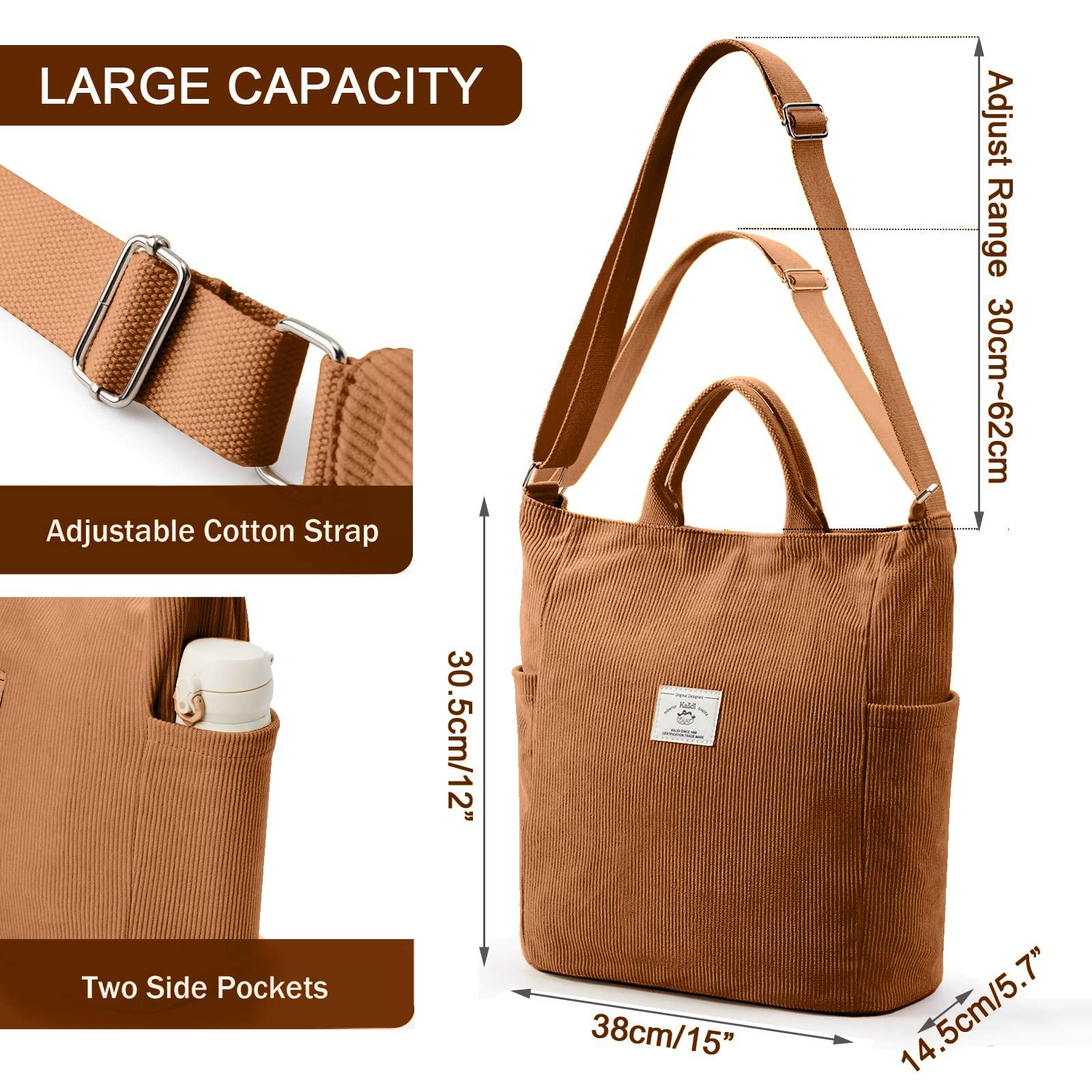 KALIDI Corduroy Tote Bag, Large Messenger Bag Shoulder Hobo Anti Splash Crossbody Zipper Bag Casual Work Shopping Women - Image 5