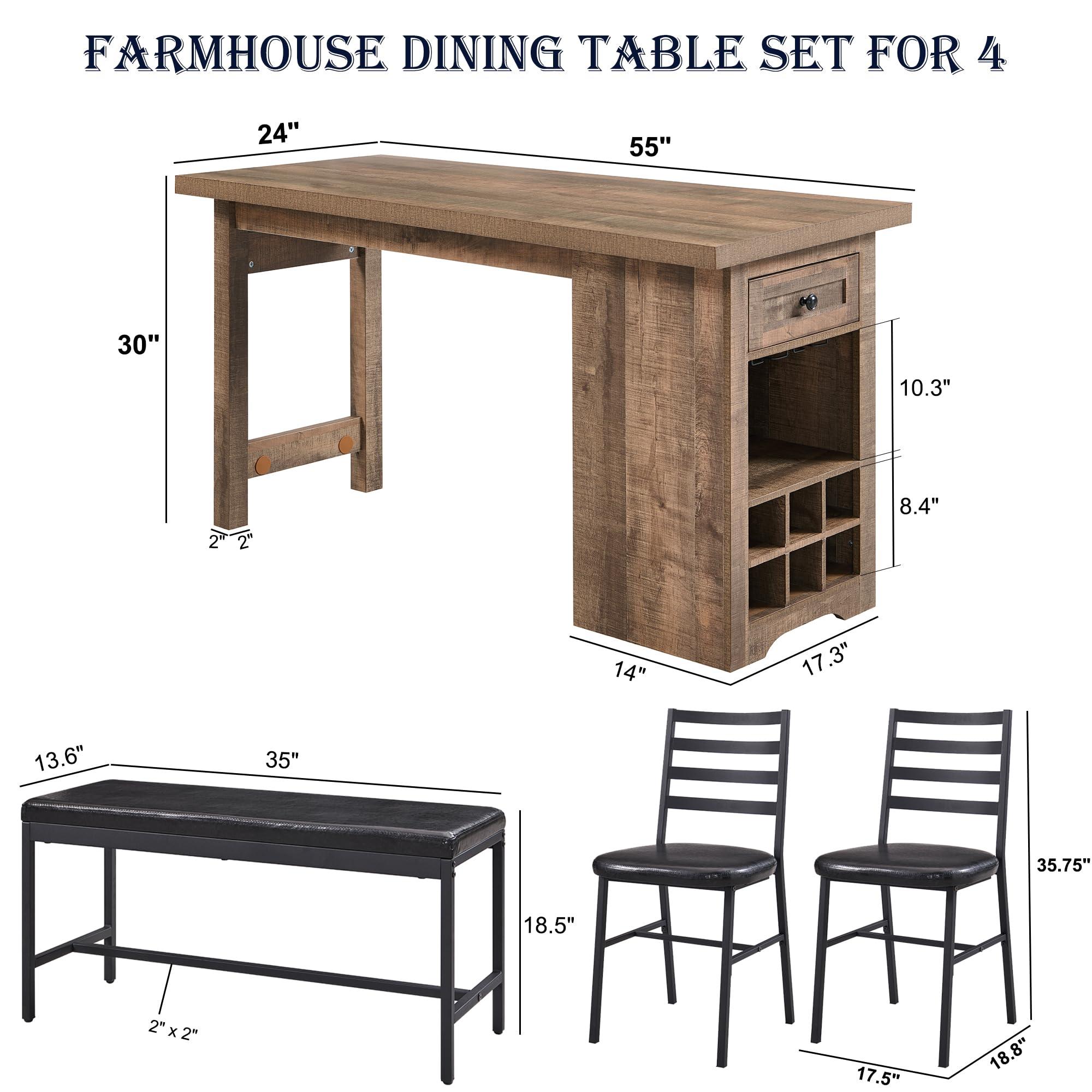 ACCOHOHO Farmhouse Dining Table Set for 4, 55" Large Kitchen Table Set with 2 Chairs and Bench, Rustic Wood Dining Bar Table with Drawer and Wine & Galsses Rack (Light Brown) - Image 2